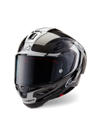 Alpinestars Supertech R10 Element Helmet, Full-Face Motorcycle Racing Helmet, Black Carbon Silver and Glossy Black, featuring a dark smoke visor, aerodynamic carbon fiber shell, and Alpinestars branding