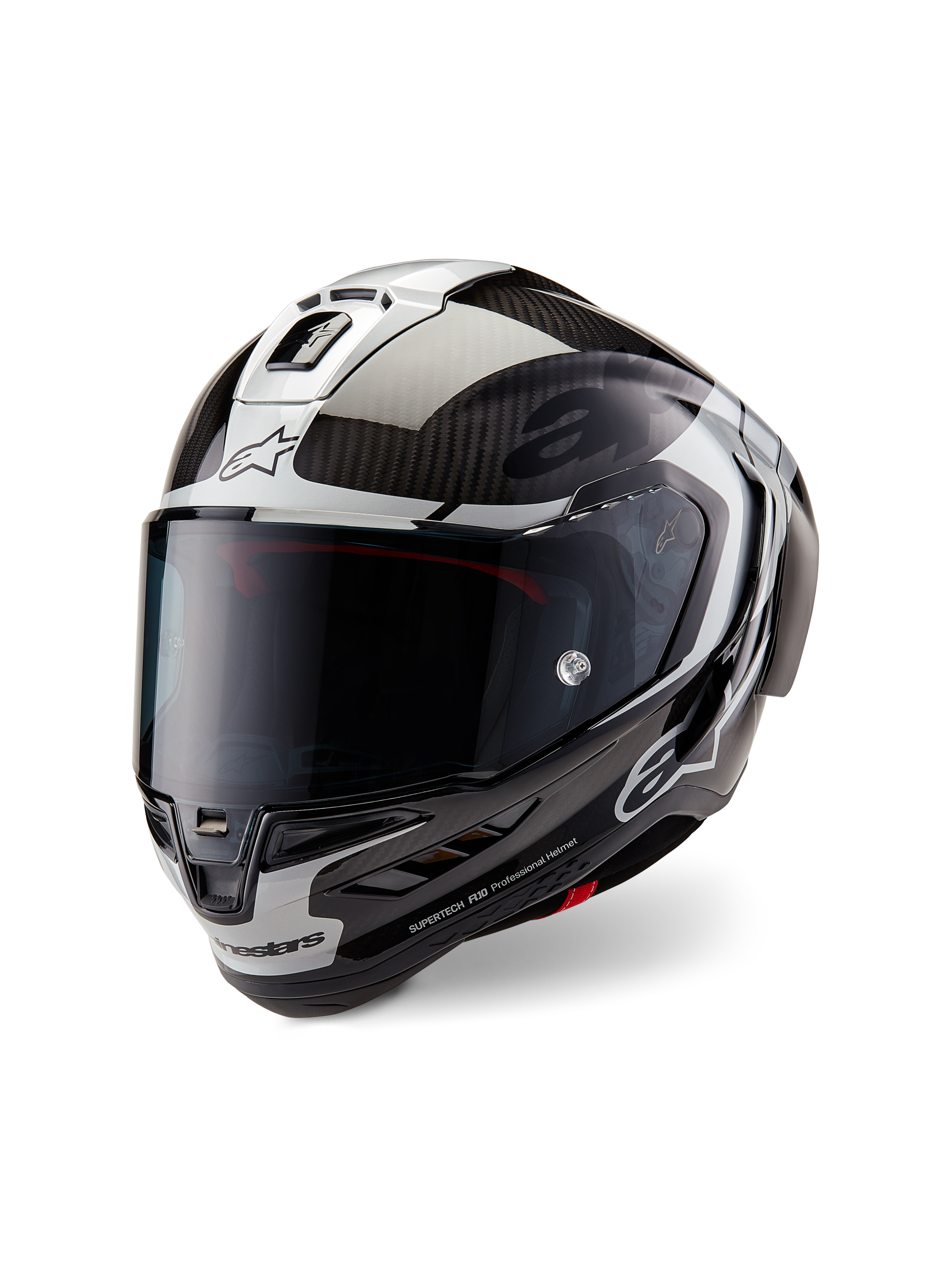 Alpinestars Supertech R10 Element Helmet, Full-Face Motorcycle Racing Helmet, Black Carbon Silver and Glossy Black, featuring a dark smoke visor, aerodynamic carbon fiber shell, and Alpinestars branding