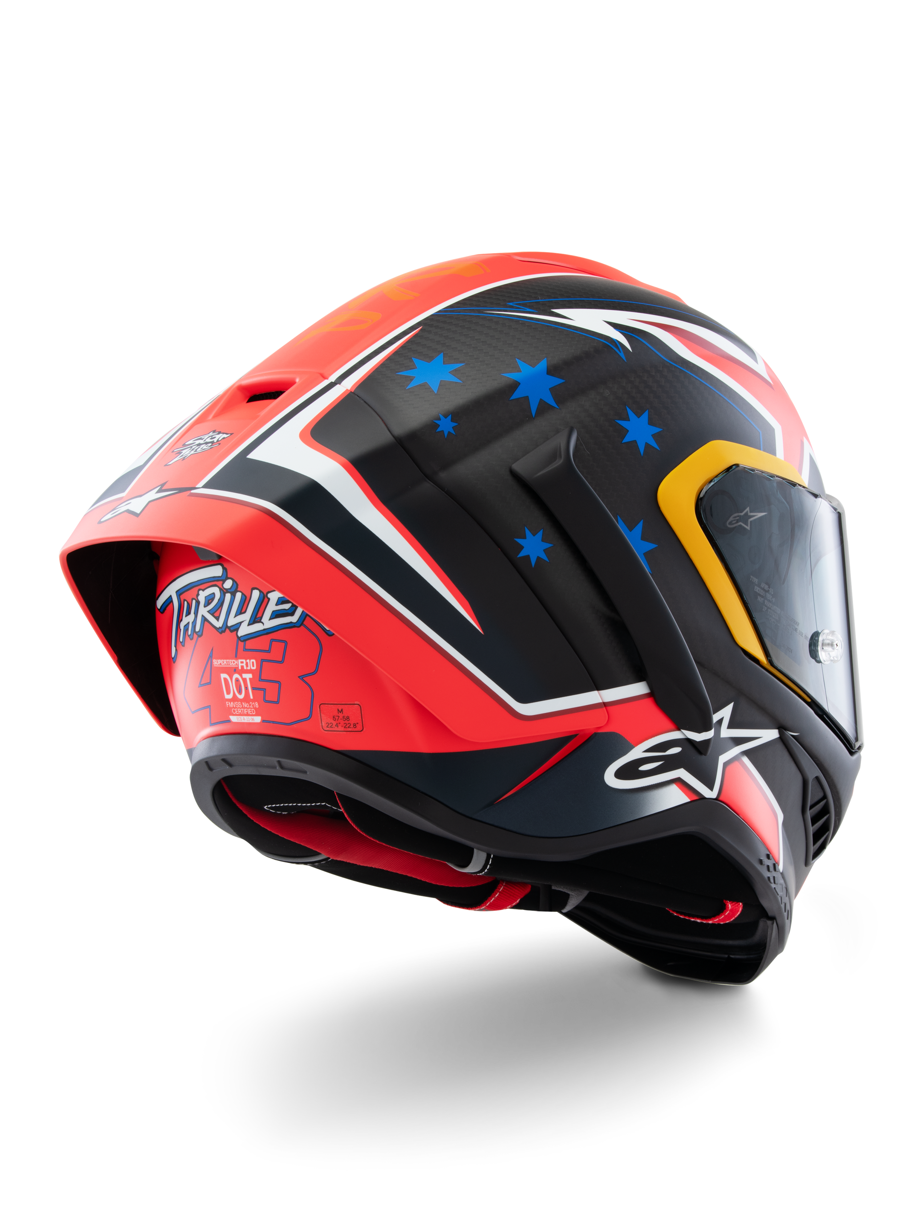 Alpinestars Supertech R10 Miller Limited Edition Helmet, full-face racing helmet, Carbon Red Matt with blue stars and white accents, 'Thriller 43' graphic on the rear, large aerodynamic spoiler, carbon fiber construction