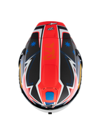 Alpinestars Supertech R10 Miller Limited Edition Helmet, top-down view, Carbon Red Matt graphic with a central red stripe, blue stars on black carbon fiber sections, white and blue lightning-style accents, aerodynamic racing design for track performance.
