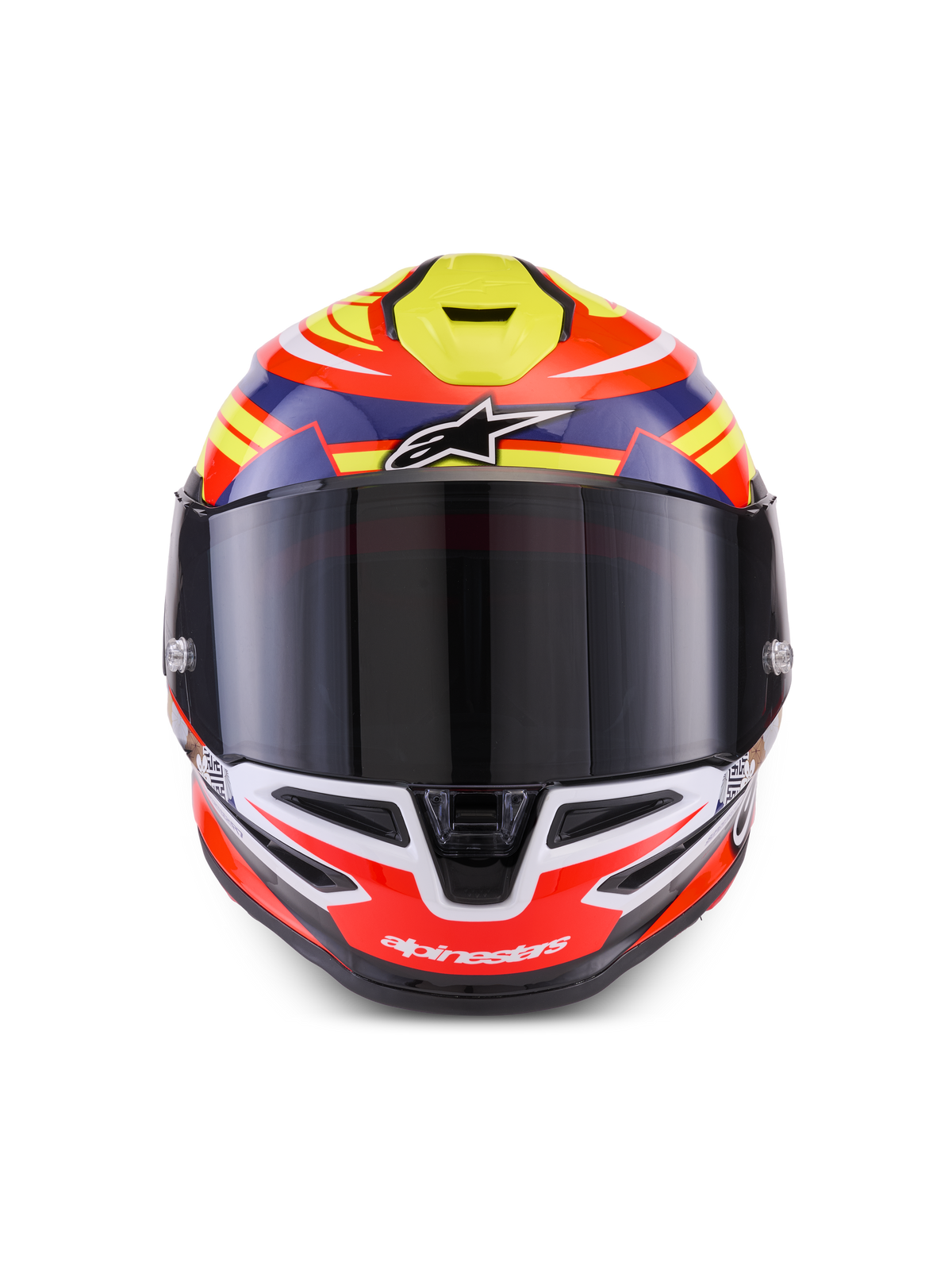 Alpinestars S-R7 Taiyo Furusato Helmet ECE 22.06, full face motorcycle racing helmet, Red, White, Blue, and Yellow, featuring carbon composite construction, optical class 1 shield, and integrated ventilation ports
