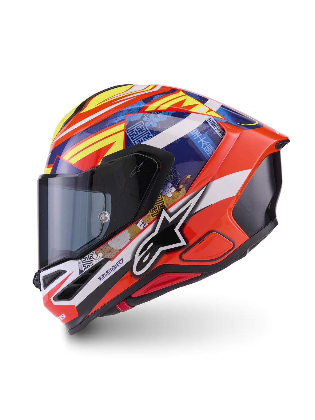 Alpinestars S-R7 Taiyo Furusato Helmet ECE 22.06, full face motorcycle racing helmet, Red, White, Blue, and Yellow glossy finish, ECE certified, carbon multi-composite shell construction