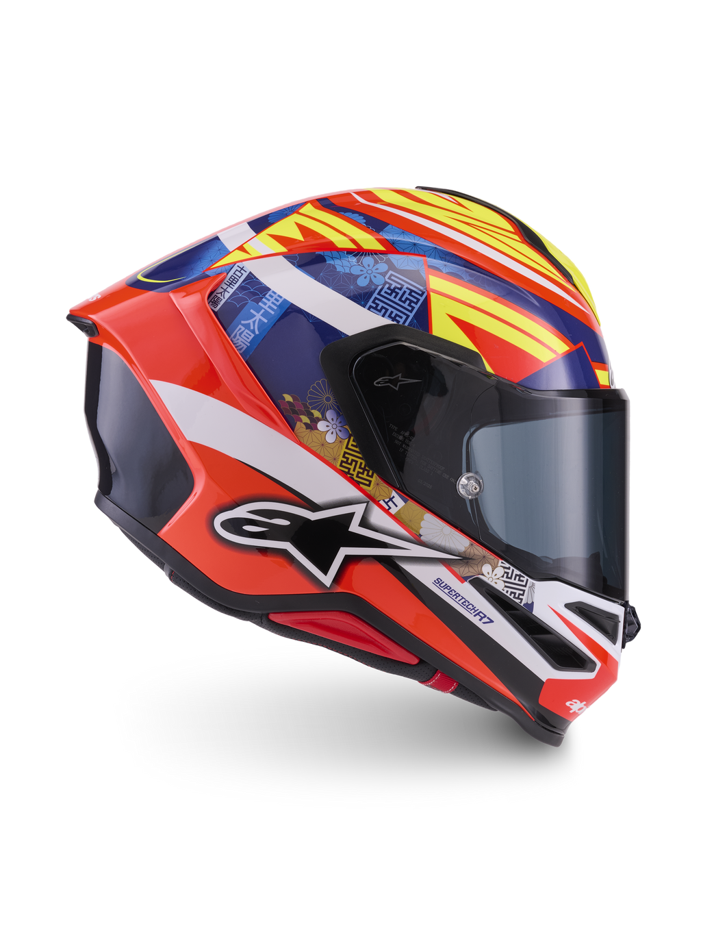 Alpinestars S-R7 Taiyo Furusato Helmet, ECE 22.06 certified full face motorcycle racing helmet, Red, White, Blue, and Yellow, featuring multi-composite carbon shell construction and graphic design