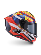 Alpinestars S-R7 Taiyo Furusato Helmet, ECE 22.06 certified full face motorcycle racing helmet, Red, White, Blue, and Yellow, featuring multi-composite carbon shell construction and graphic design