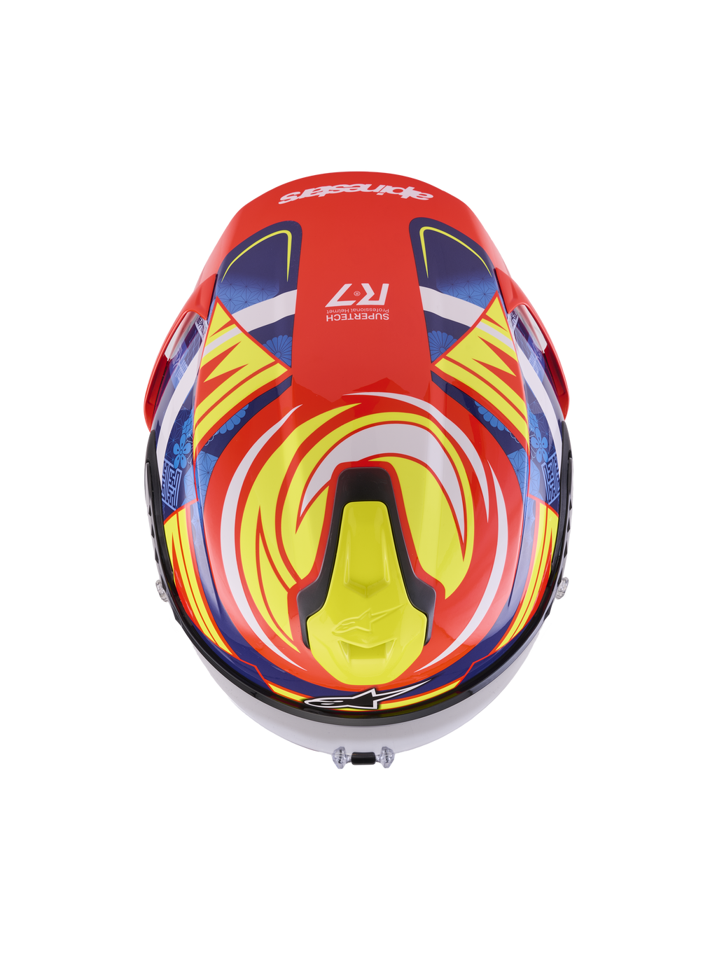 Alpinestars S-R7 Taiyo Furusato Helmet ECE 22.06, Full Face Motorcycle Racing Helmet, Red, White, Blue, and Yellow Glossy, ECE Certified carbon construction, top view showing aerodynamic spoiler and ventilation ports