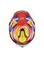 Alpinestars S-R7 Taiyo Furusato Helmet ECE 22.06, Full Face Motorcycle Racing Helmet, Red, White, Blue, and Yellow Glossy, ECE Certified carbon construction, top view showing aerodynamic spoiler and ventilation ports