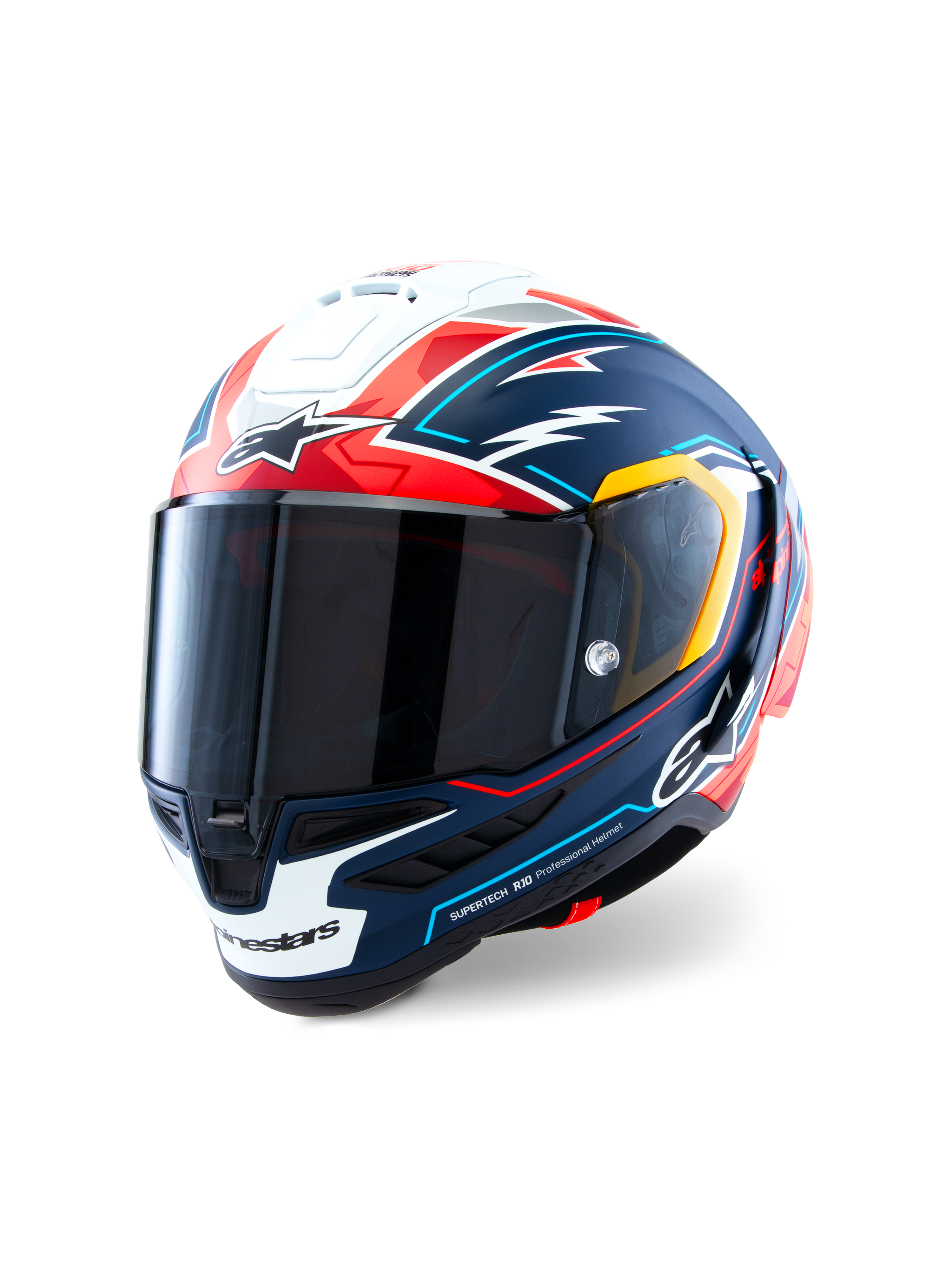 Alpinestars Supertech R10 Acosta Limited Edition Helm, Integral-Motorradrennhelm, Blau, Rot und Weiß Matt mit grafischen Akzenten, aerodynamisches Carbonschalen-Design, dunkel getöntes Visier, hochleistungsfähige professionelle Schutzausrüstung