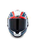 Alpinestars Supertech R10 Acosta Limited Edition Helm, Vorderansicht, Blau, Rot und Weiß Matt, Hochleistungs-Rennhelm mit dunkel getöntem Visier, markantes geometrisches Design und Alpinestars-Branding, Carbon-Verbundschale