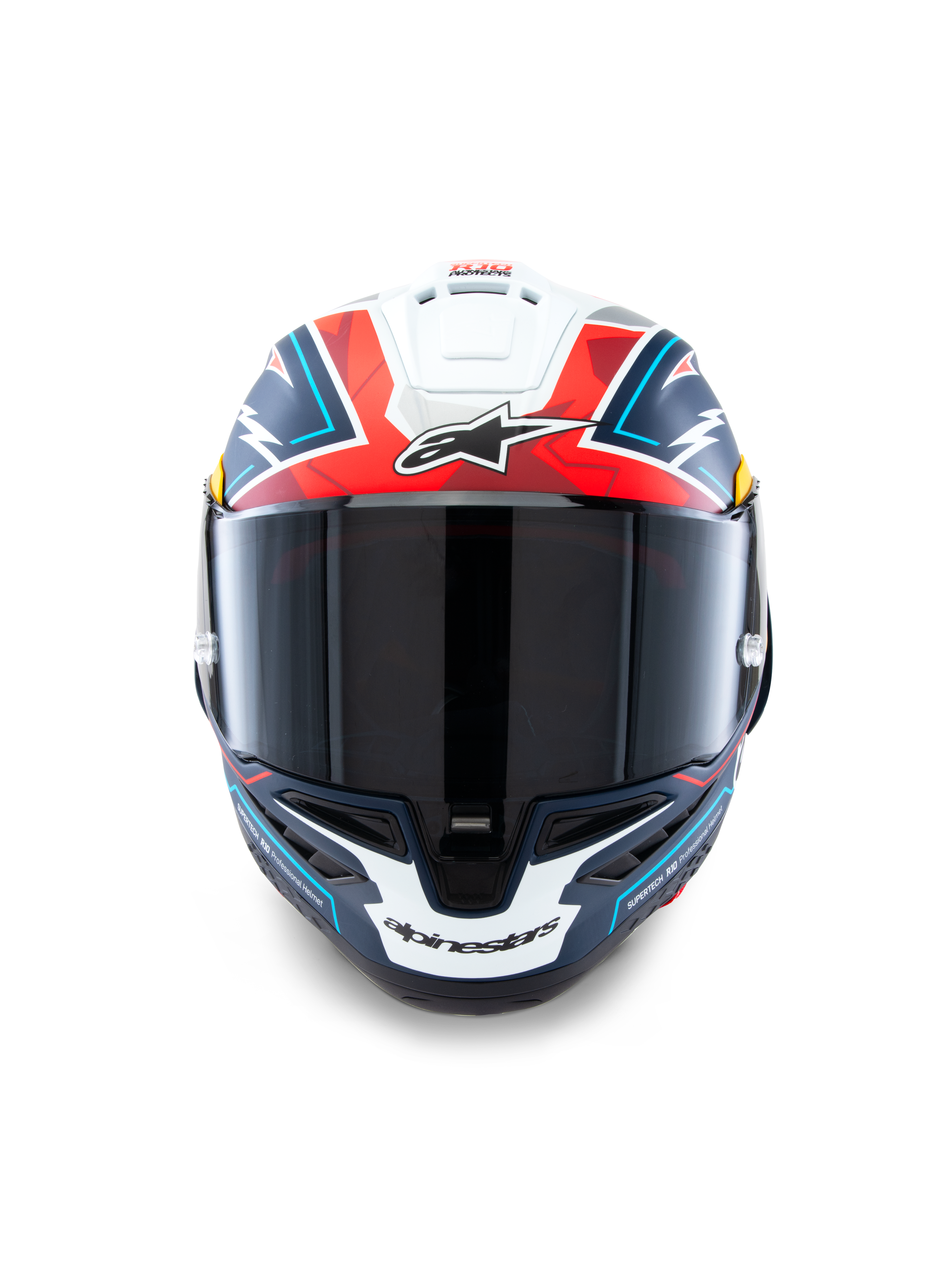 Alpinestars Supertech R10 Acosta Limited Edition Helm, Vorderansicht, Blau, Rot und Weiß Matt, Hochleistungs-Rennhelm mit dunkel getöntem Visier, markantes geometrisches Design und Alpinestars-Branding, Carbon-Verbundschale