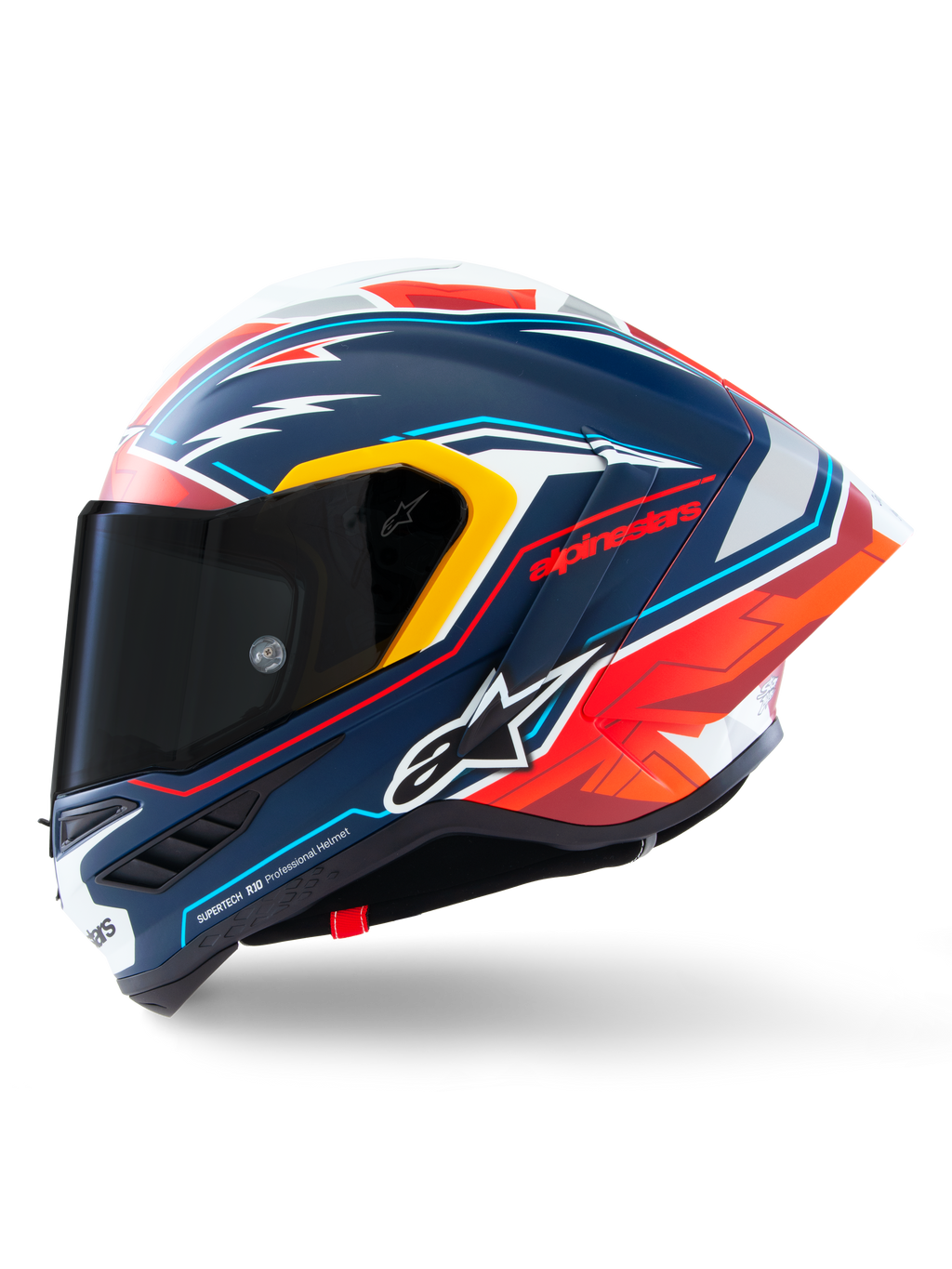 Alpinestars Supertech R10 Acosta Limited Edition Helm, Integral-Rennhelm, Mattblau mit roten, weißen und gelben Akzenten, Seitenansicht mit dunkel getöntem Visier und aerodynamischem Winglet, professionelles Carbonfaser-Renndesign