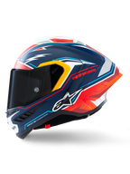 Alpinestars Supertech R10 Acosta Limited Edition Helm, Integral-Rennhelm, Mattblau mit roten, weißen und gelben Akzenten, Seitenansicht mit dunkel getöntem Visier und aerodynamischem Winglet, professionelles Carbonfaser-Renndesign
