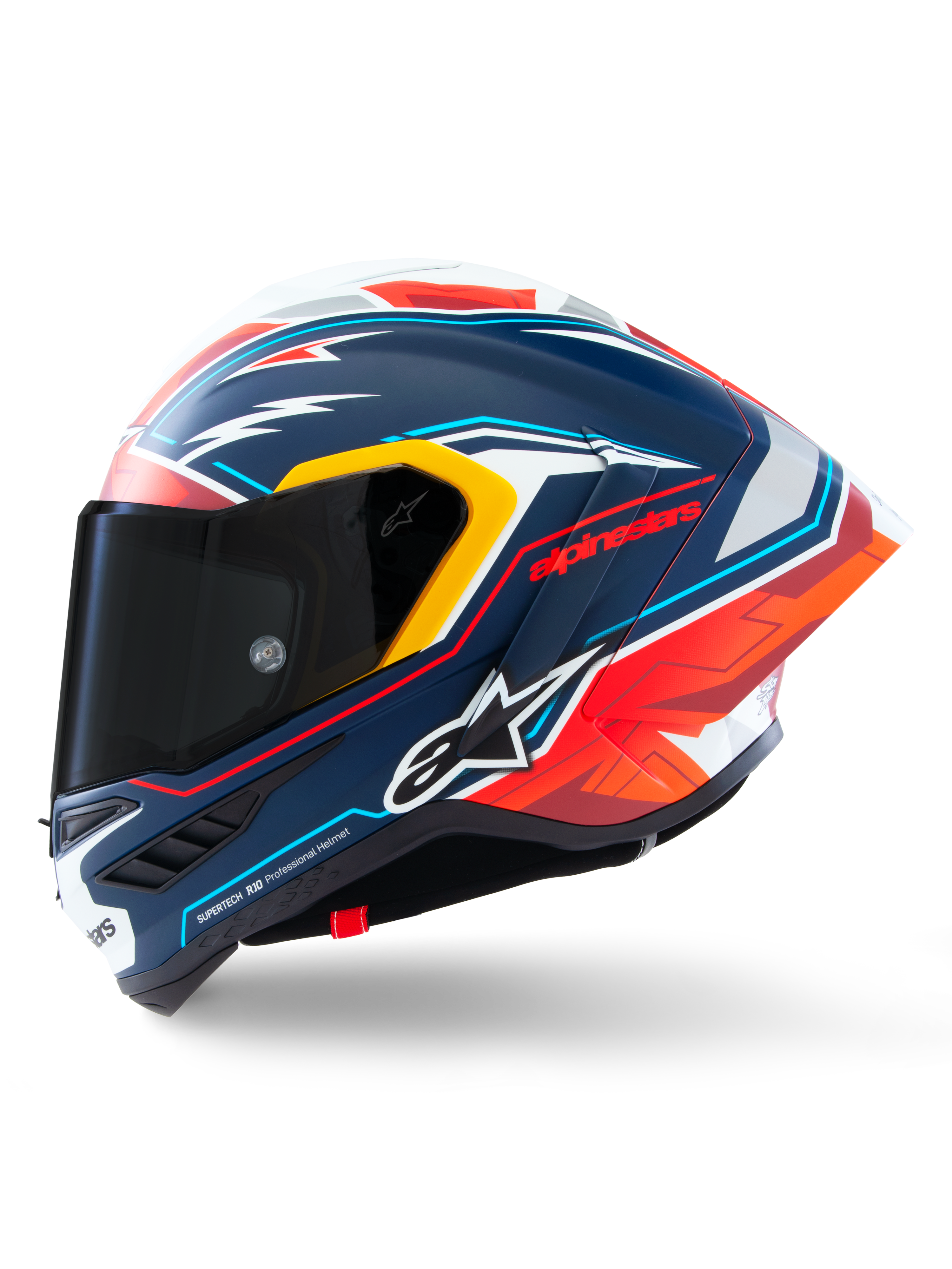 Alpinestars Supertech R10 Acosta Limited Edition Helm, Integral-Rennhelm, Mattblau mit roten, weißen und gelben Akzenten, Seitenansicht mit dunkel getöntem Visier und aerodynamischem Winglet, professionelles Carbonfaser-Renndesign