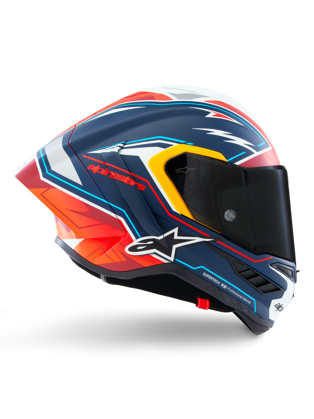 Alpinestars Supertech R10 Acosta Limited Edition Helm, Motorrad-Rennhelm, mattblau mit grafischem Design in Rot, Orange und Weiß, Seitenansicht, dunkel getöntes Visier, aerodynamische Carbon-Schale, professionelle Performance