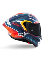 Alpinestars Supertech R10 Acosta Limited Edition Helm, Motorrad-Rennhelm, mattblau mit grafischem Design in Rot, Orange und Weiß, Seitenansicht, dunkel getöntes Visier, aerodynamische Carbon-Schale, professionelle Performance