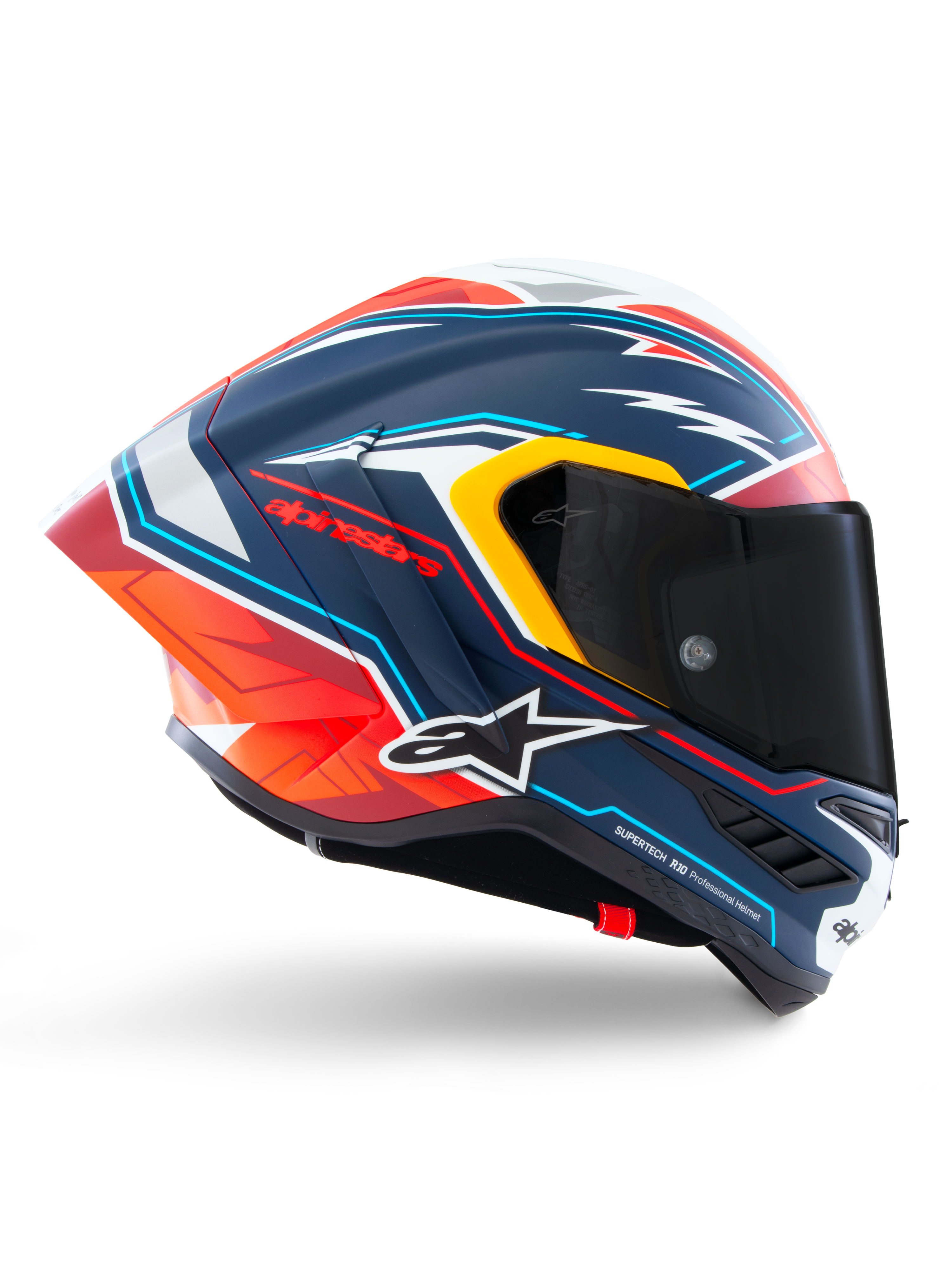 Alpinestars Supertech R10 Acosta Limited Edition Helm, Motorrad-Rennhelm, mattblau mit grafischem Design in Rot, Orange und Weiß, Seitenansicht, dunkel getöntes Visier, aerodynamische Carbon-Schale, professionelle Performance