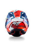 Alpinestars Supertech R10 Acosta Limited Edition Helmet, rear view showing carbon composite construction, shark graphic, and DOT certification, Blue, Red and White, racing motorcycle helmet