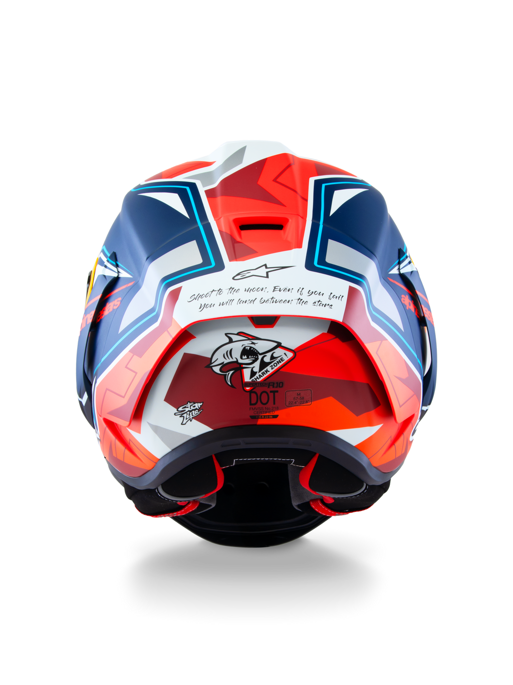 Alpinestars Supertech R10 Acosta Limited Edition Helm, Rückansicht, Blau Rot Weiß Matt, mit „Shark Zone“ Hai-Grafik und inspirierendem Zitat auf der Rückseite, aerodynamischer Rennspoiler und professioneller Motorradschutz