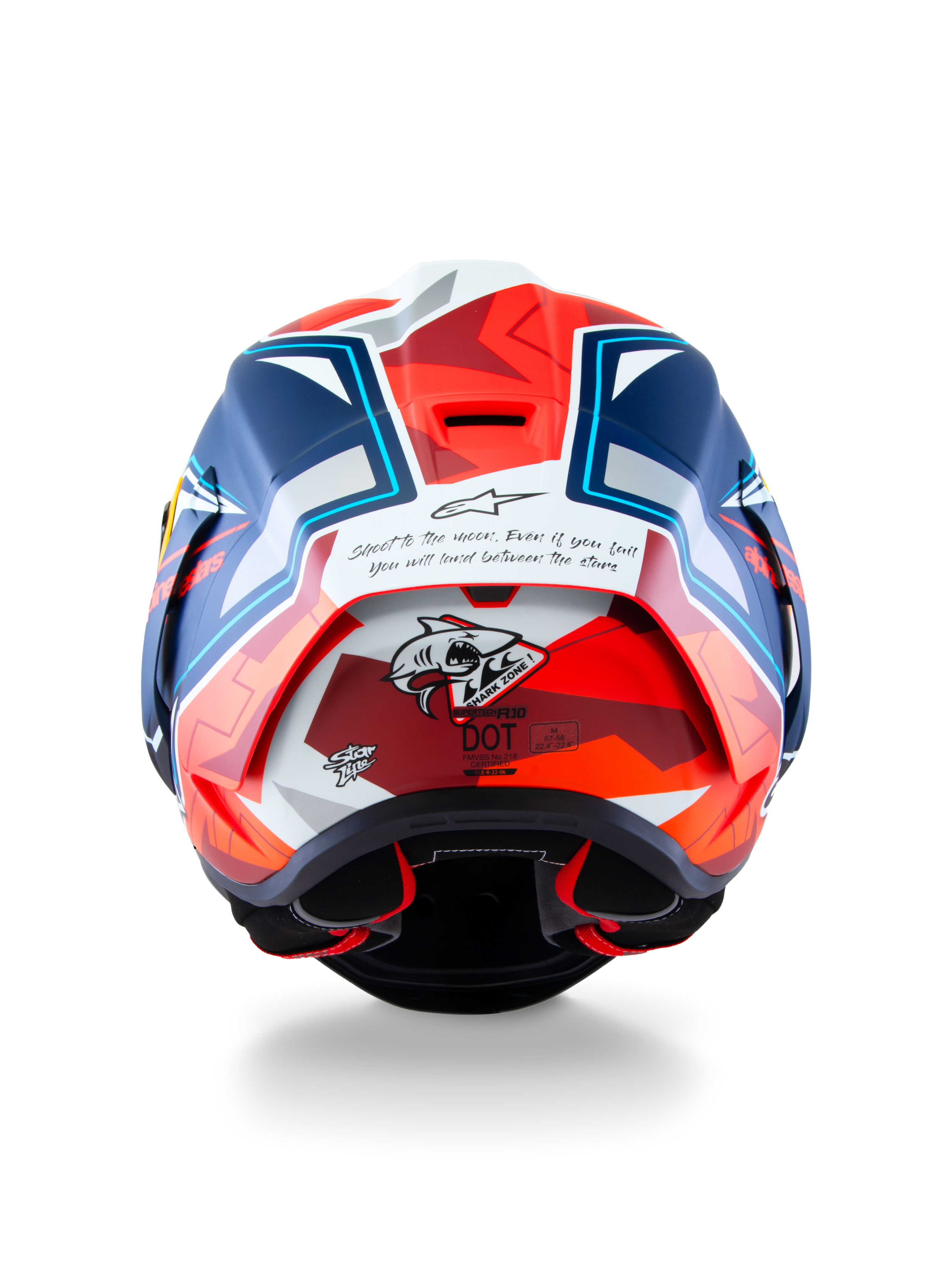 Alpinestars Supertech R10 Acosta Limited Edition Helm, Rückansicht, Blau Rot Weiß Matt, mit „Shark Zone“ Hai-Grafik und inspirierendem Zitat auf der Rückseite, aerodynamischer Rennspoiler und professioneller Motorradschutz