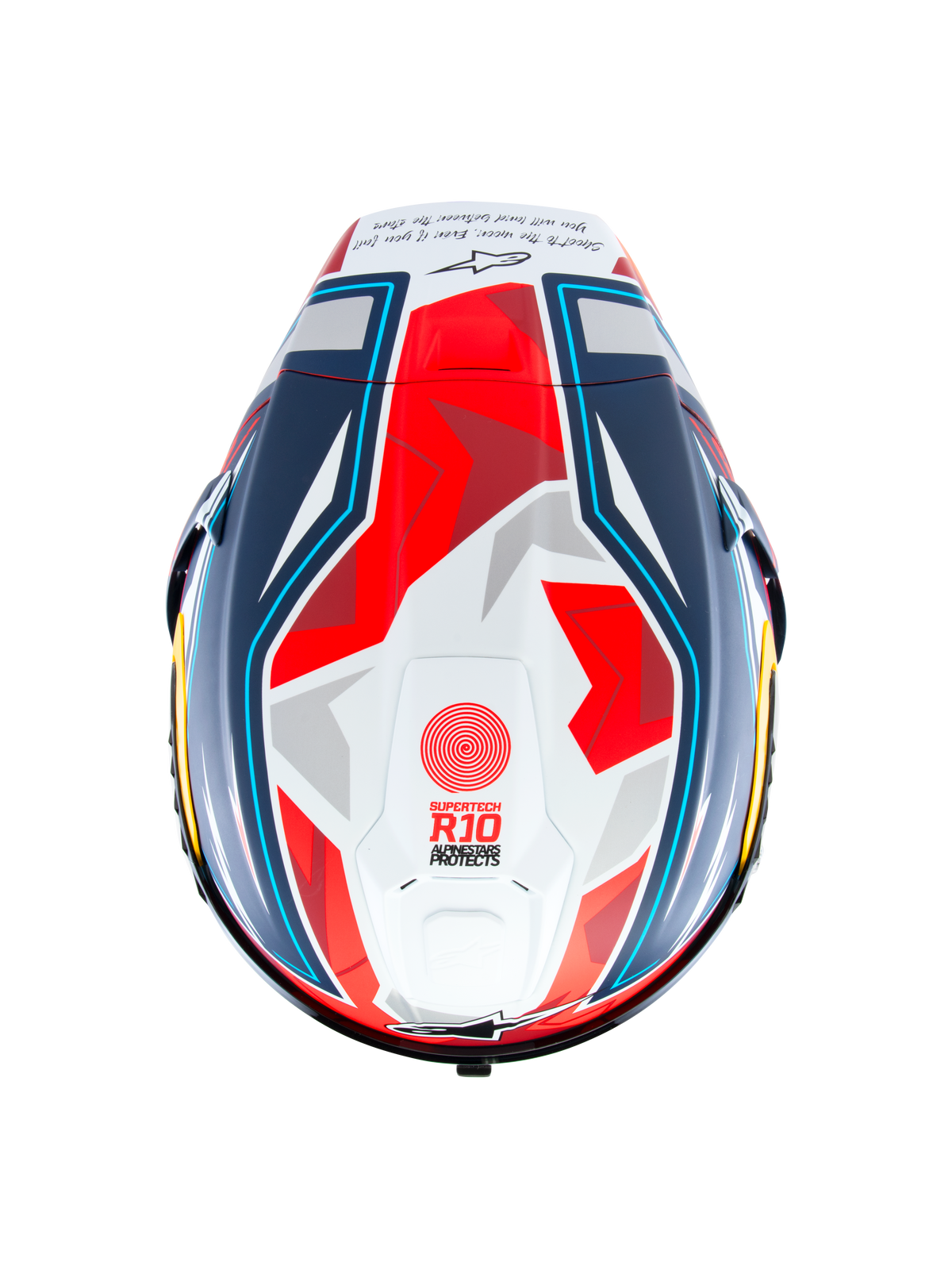Alpinestars Supertech R10 Acosta Limited Edition Helmet, top view of the carbon racing helmet in Blue Red White Matt with aerodynamic spoiler and race graphics, ECE 22.06 and FIM certified