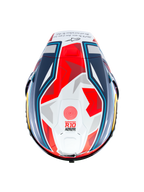 Alpinestars Supertech R10 Acosta Limited Edition Helm, Draufsicht, Blau, Rot und Weiß Matt, Motorrad-Rennhelm mit aerodynamischer Schale und geometrischen Grafiken, „Supertech R10“-Schriftzug auf der Oberseite, mattes Finish