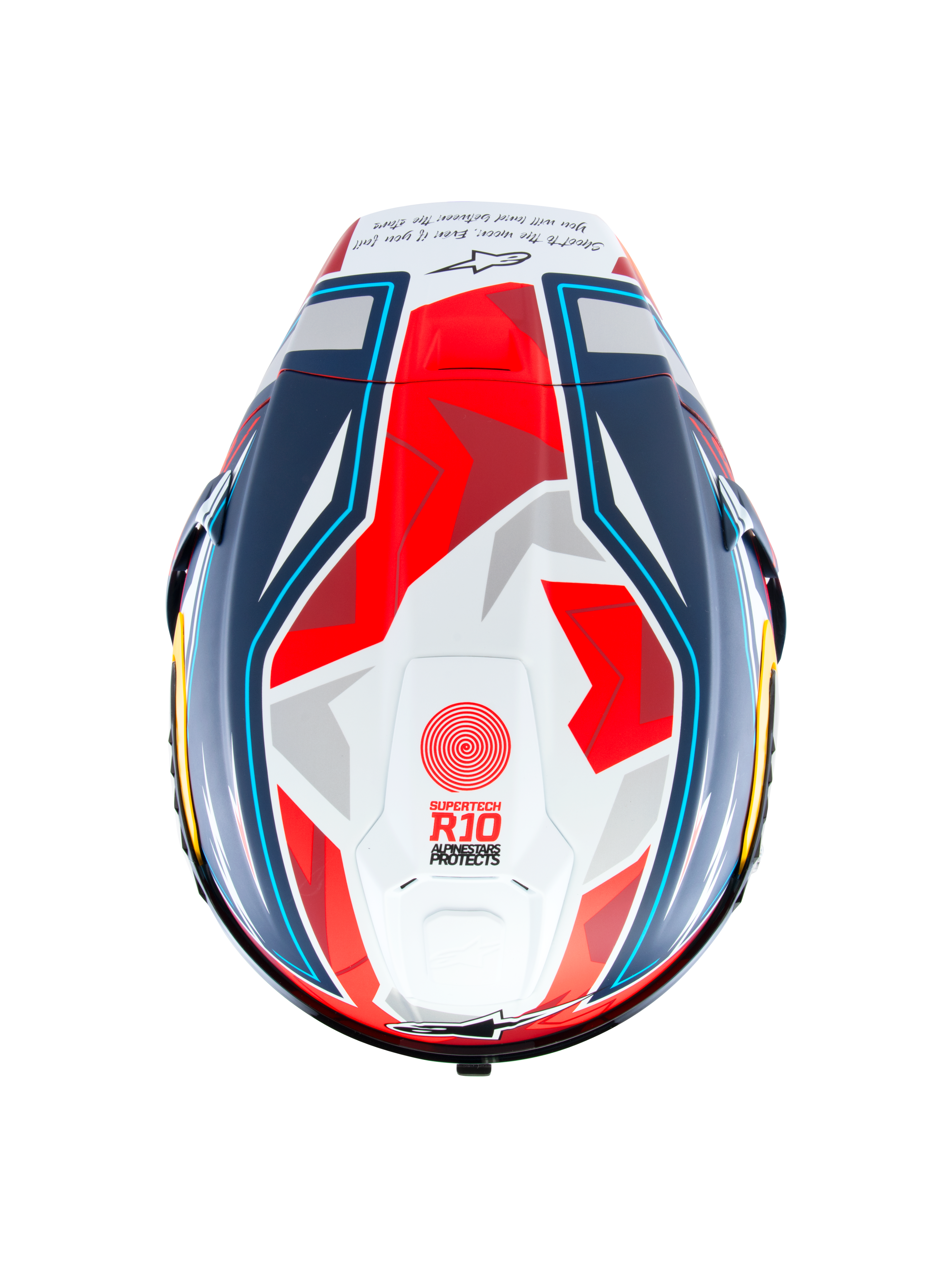Alpinestars Supertech R10 Acosta Limited Edition Helm, Draufsicht, Blau, Rot und Weiß Matt, Motorrad-Rennhelm mit aerodynamischer Schale und geometrischen Grafiken, „Supertech R10“-Schriftzug auf der Oberseite, mattes Finish