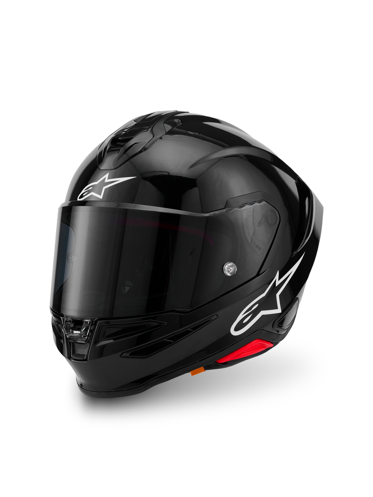 Alpinestars S-R7 Solid Helm, Schwarz glänzend, Integral-Motorradhelm mit Kohlefaser-Verbundschale, weiße Stern-Logos auf Stirn und Seite, aerodynamisches Design mit integriertem Spoiler und Belüftungsöffnungen