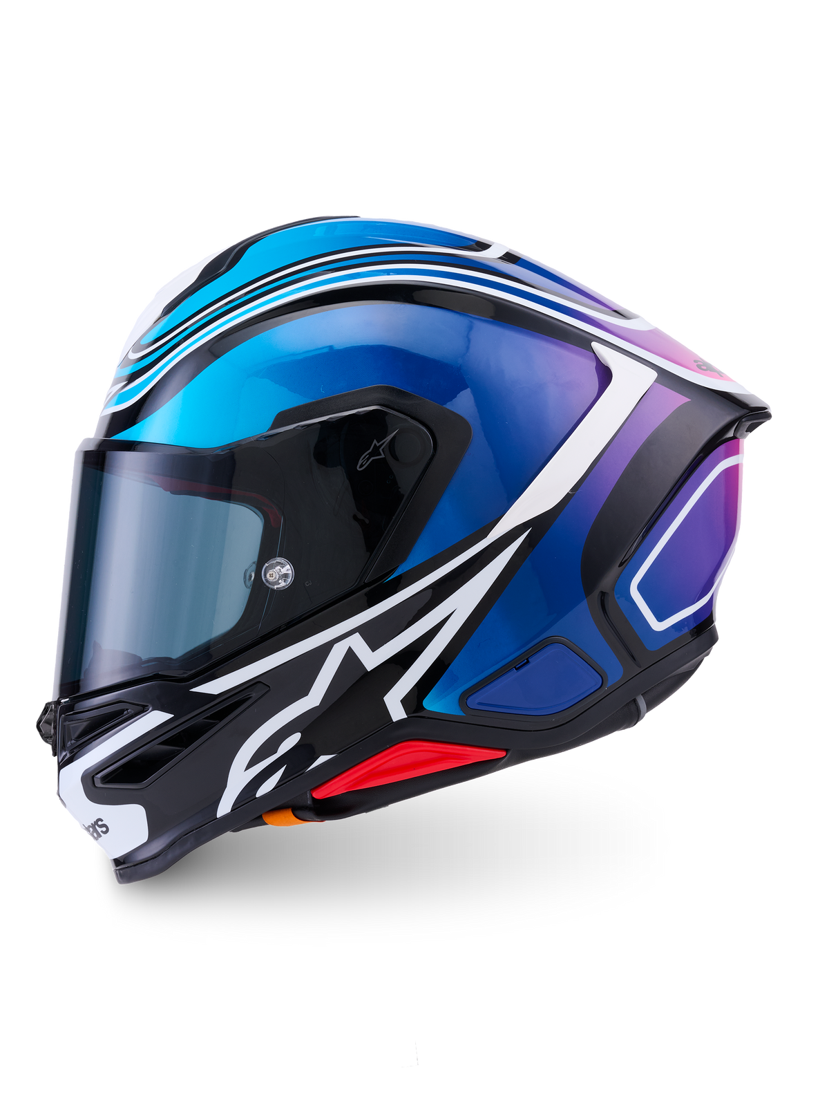 Alpinestars S-R7 Zeal Helmet ECE 22.06, full-face road racing motorcycle helmet, Black, Blue, and White Glossy, carbon composite construction with integrated spoiler