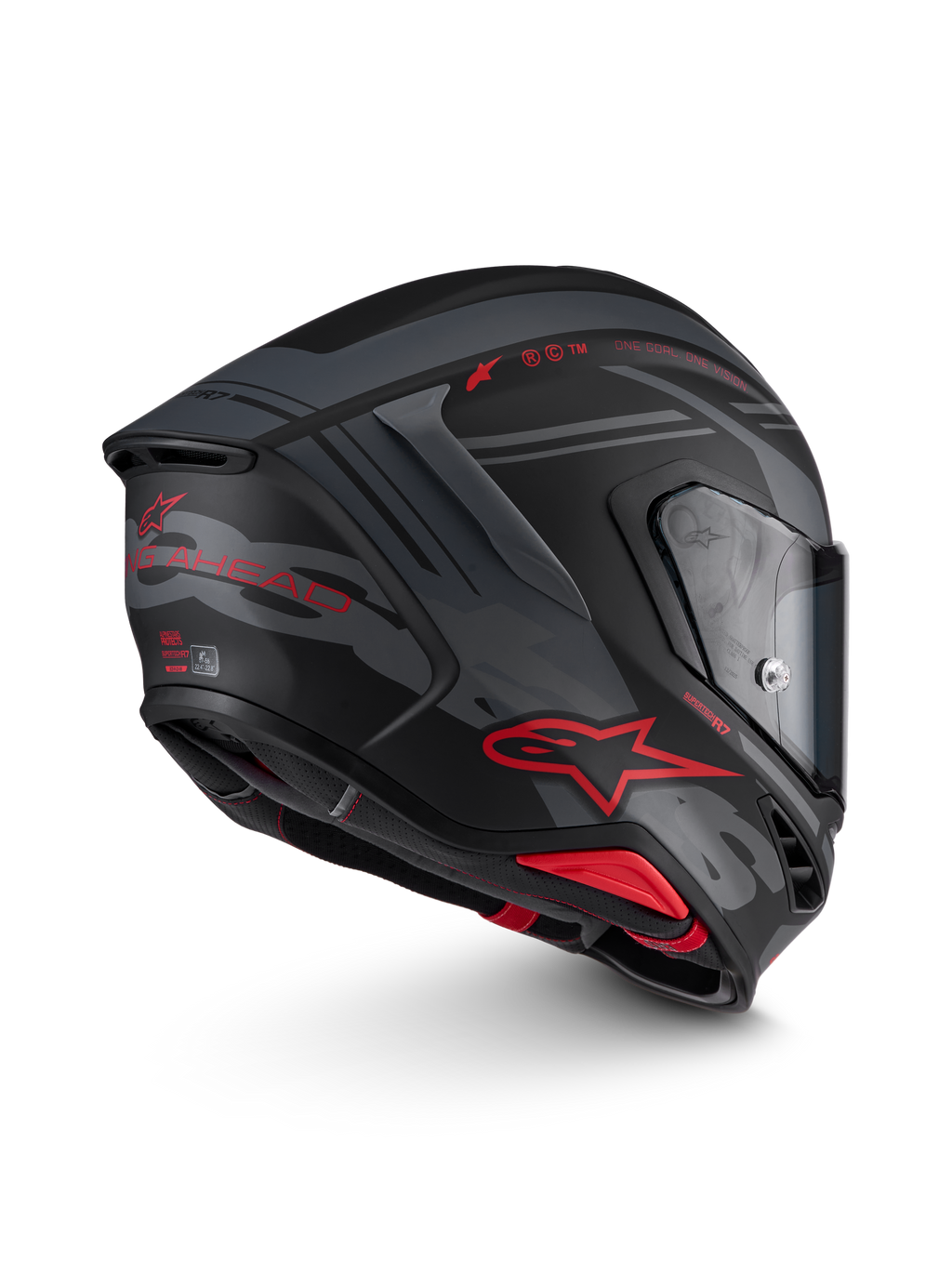 Alpinestars S-R7 A-Core Helm, Integral-Motorradhelm in Mattschwarz, Grau und Rot mit Carbon-Verbundkonstruktion, Seitenansicht mit Aerodynamik und Visier