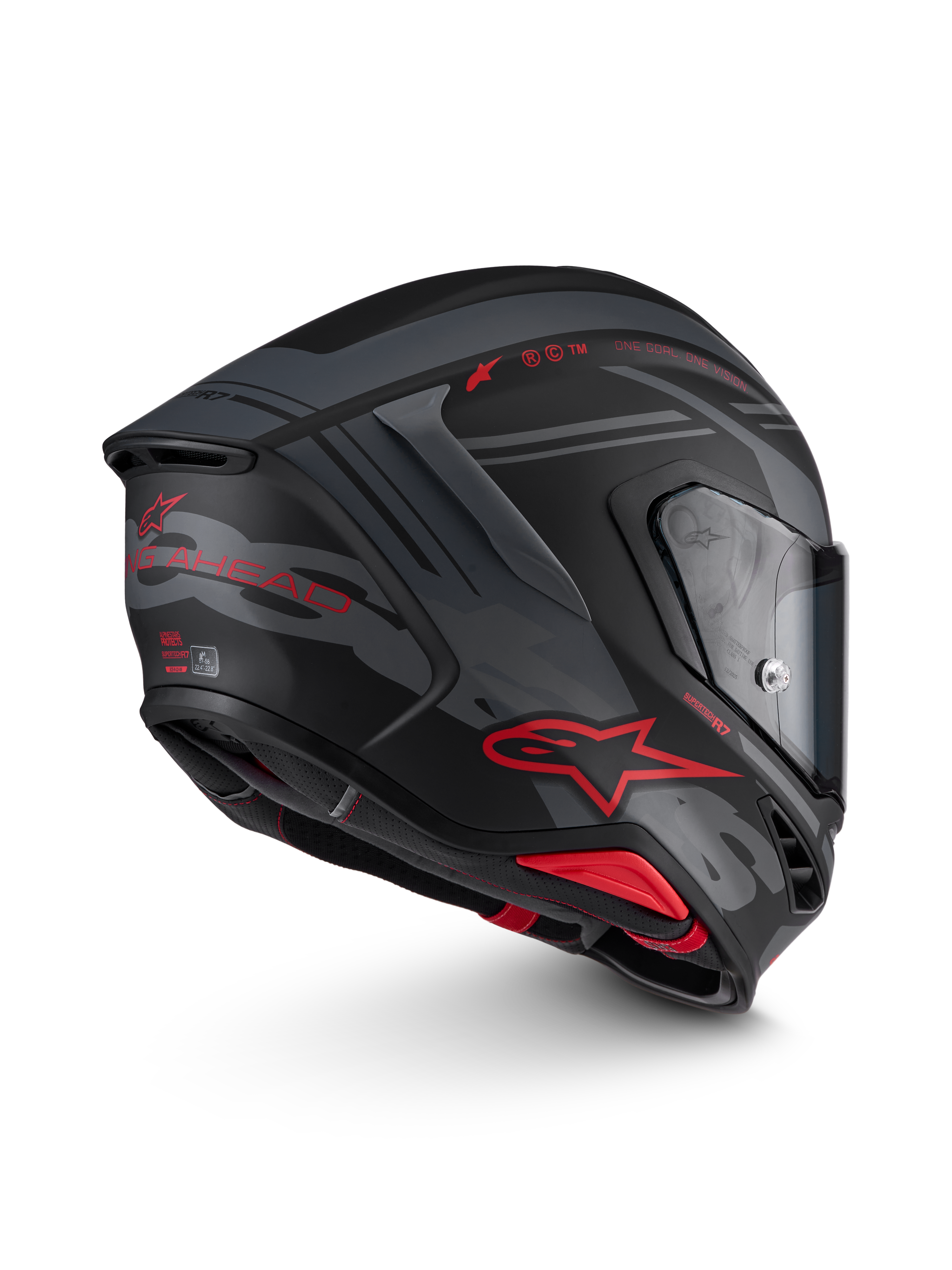 Alpinestars S-R7 A-Core Helm, Integral-Motorradhelm in Mattschwarz, Grau und Rot mit Carbon-Verbundkonstruktion, Seitenansicht mit Aerodynamik und Visier
