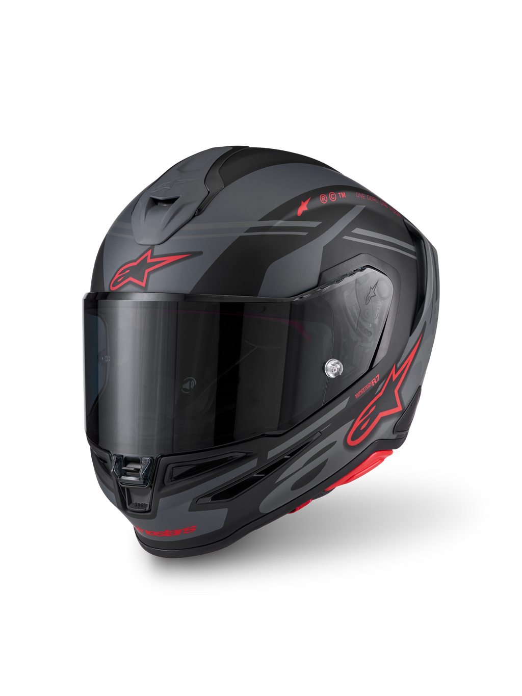Alpinestars S-R7 A-Core Helm, Integral-Motorradhelm, Schwarz, Grau und Rot, Kohlefaserverbundkonstruktion, ECE-zertifiziert