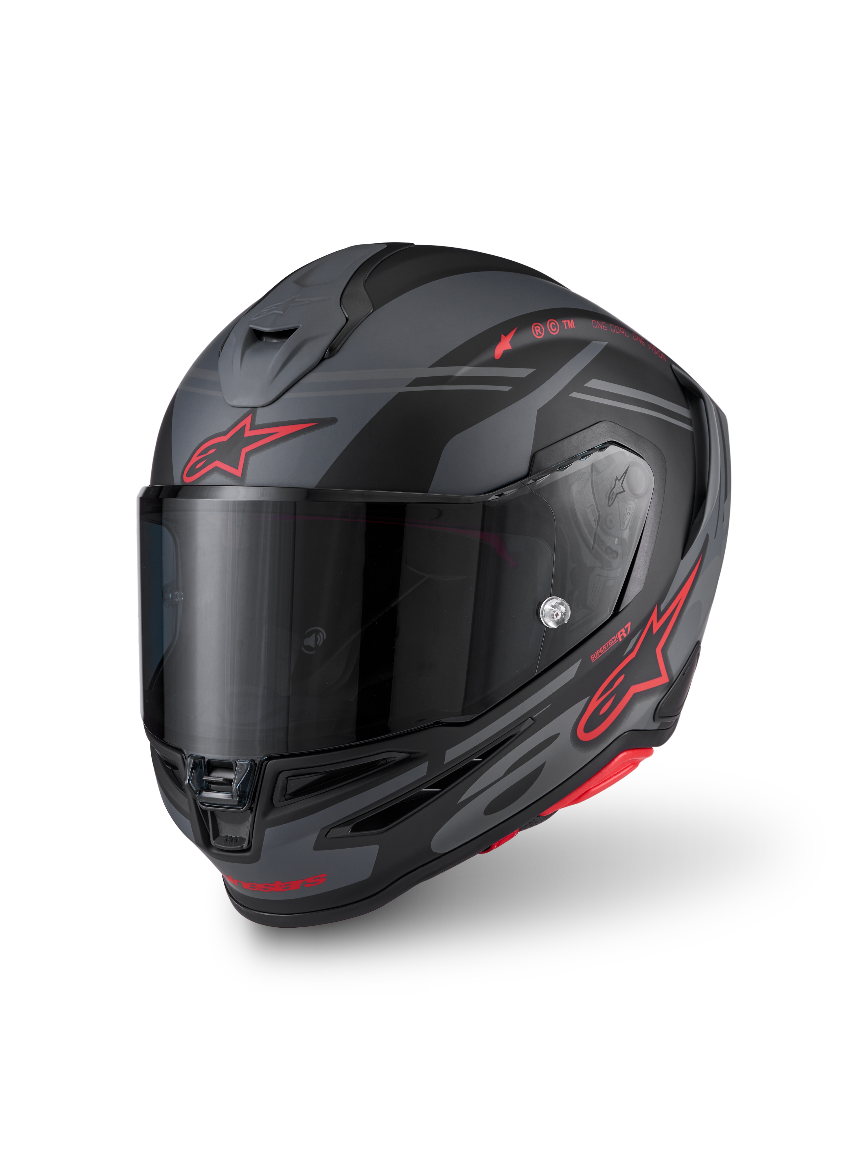Alpinestars S-R7 A-Core Helm, Integral-Motorradhelm, Schwarz, Grau und Rot, Kohlefaserverbundkonstruktion, ECE-zertifiziert