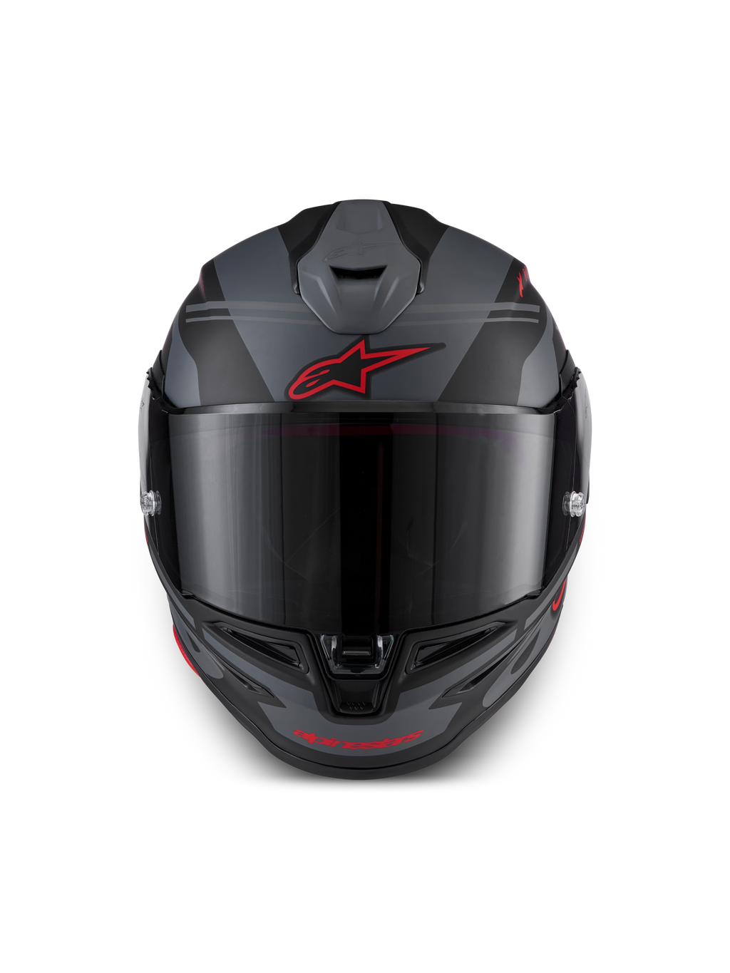Alpinestars S-R7 A-Core Helm ECE 22.06, Integral-Motorradrennhelm, Schwarz, Grau und Rot, Frontansicht mit aerodynamischer Belüftung und klarem Visier