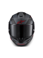 Alpinestars S-R7 A-Core Helm ECE 22.06, Integral-Motorradrennhelm, Schwarz, Grau und Rot, Frontansicht mit aerodynamischer Belüftung und klarem Visier