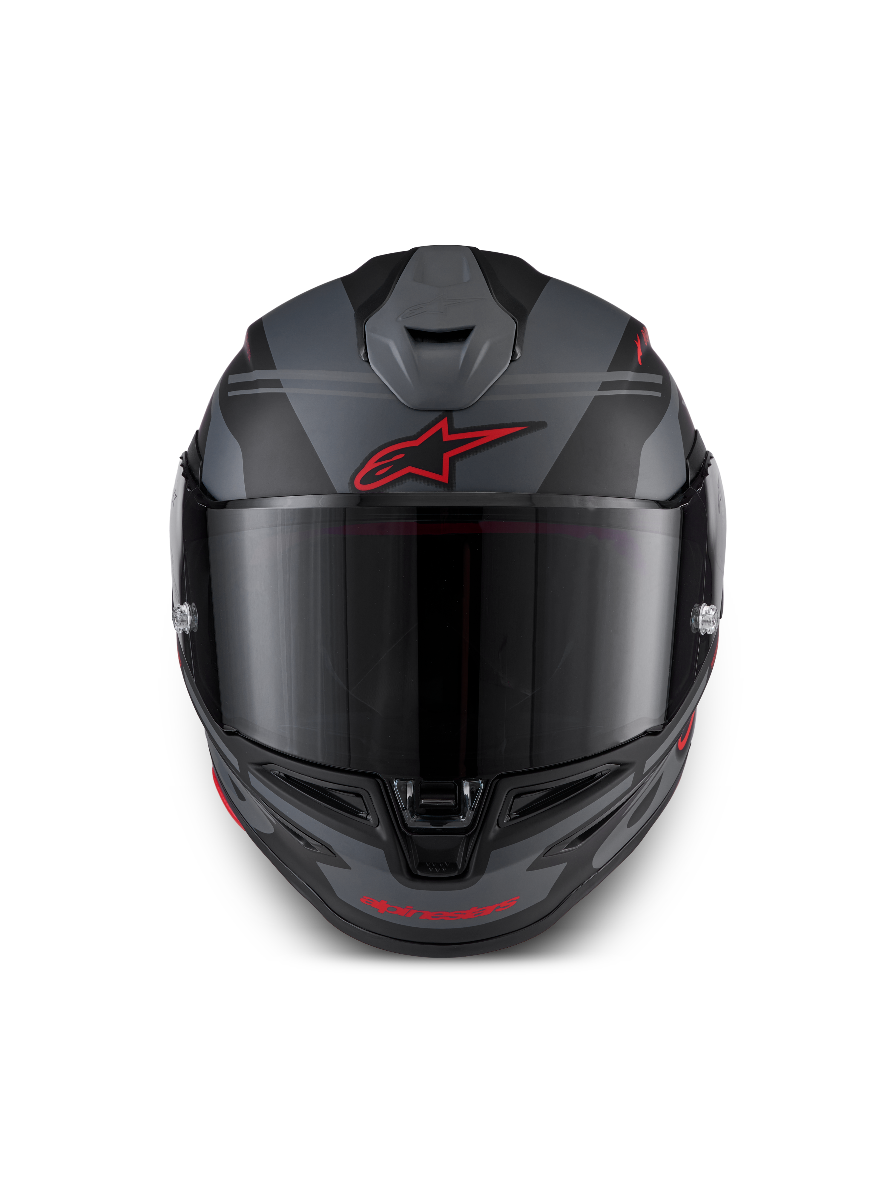 Alpinestars S-R7 A-Core Helm ECE 22.06, Integral-Motorradrennhelm, Schwarz, Grau und Rot, Frontansicht mit aerodynamischer Belüftung und klarem Visier