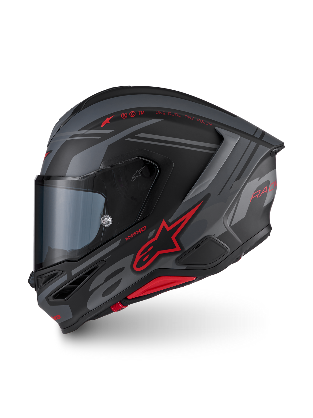 Alpinestars S-R7 A-Core Helm ECE06, Integralhelm für den Motorrad-Rennsport in Mattschwarz, Grau und Rot mit aerodynamischem Design und Marken-Details
