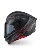 Alpinestars S-R7 A-Core Helm ECE06, Integralhelm für den Motorrad-Rennsport in Mattschwarz, Grau und Rot mit aerodynamischem Design und Marken-Details
