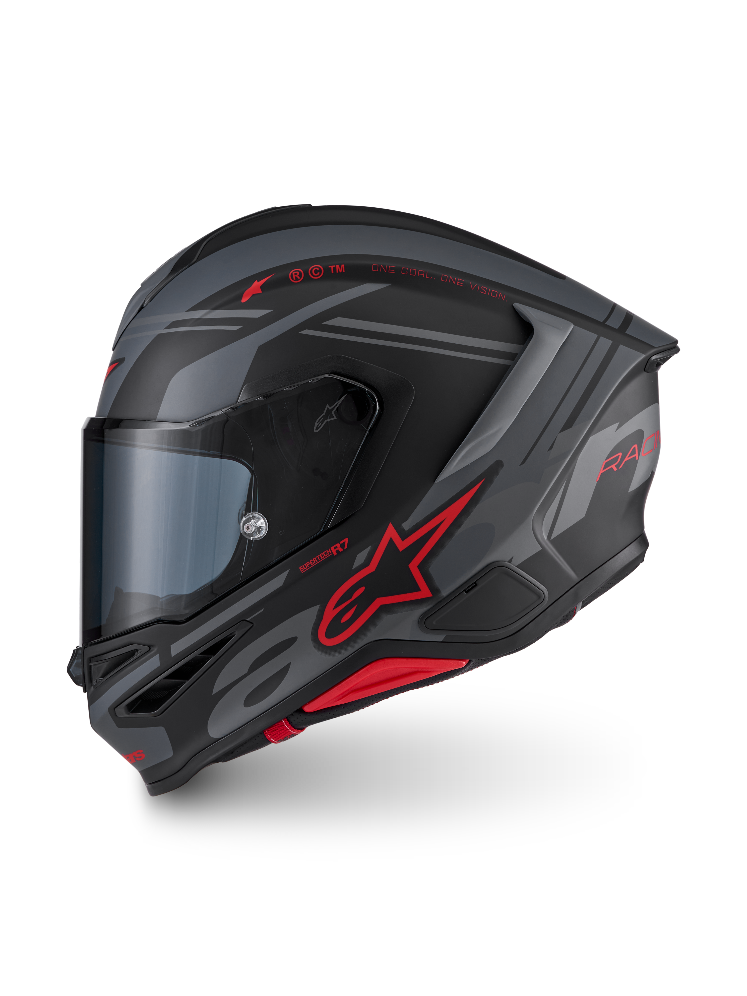 Alpinestars S-R7 A-Core Helm ECE06, Integralhelm für den Motorrad-Rennsport in Mattschwarz, Grau und Rot mit aerodynamischem Design und Marken-Details