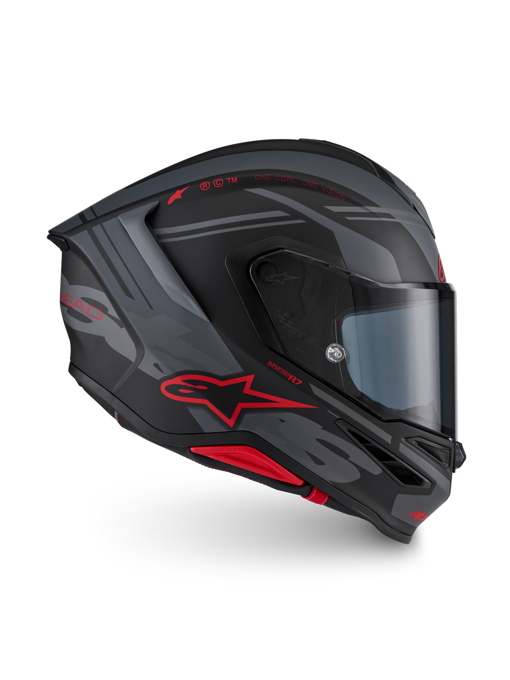 Alpinestars S-R7 A-Core Helm ECE 22.06, Integral-Motorradhelm, Mattschwarz, Grau und Rot, Carbon-Konstruktion mit aerodynamischem Profil und rotem Alpinestars-Branding