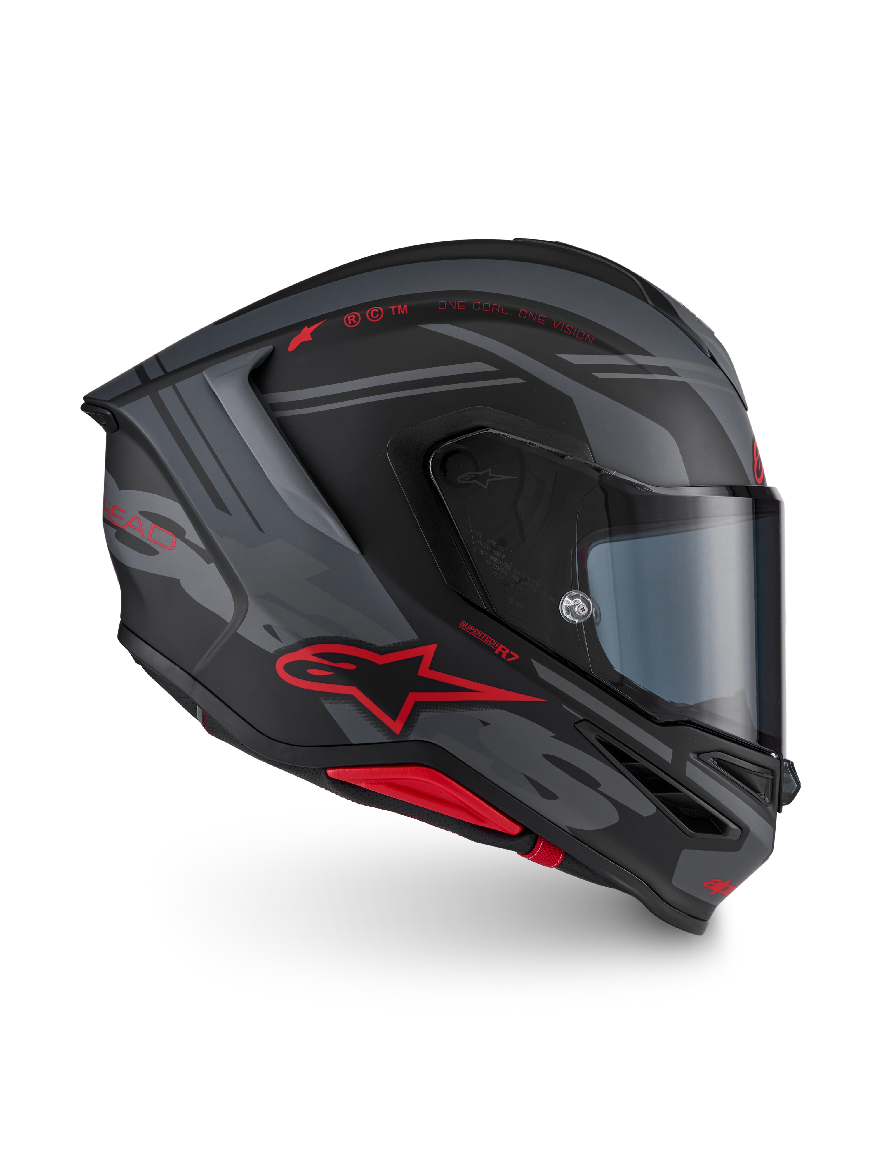 Alpinestars S-R7 A-Core Helm ECE 22.06, Integral-Motorradhelm, Mattschwarz, Grau und Rot, Carbon-Konstruktion mit aerodynamischem Profil und rotem Alpinestars-Branding