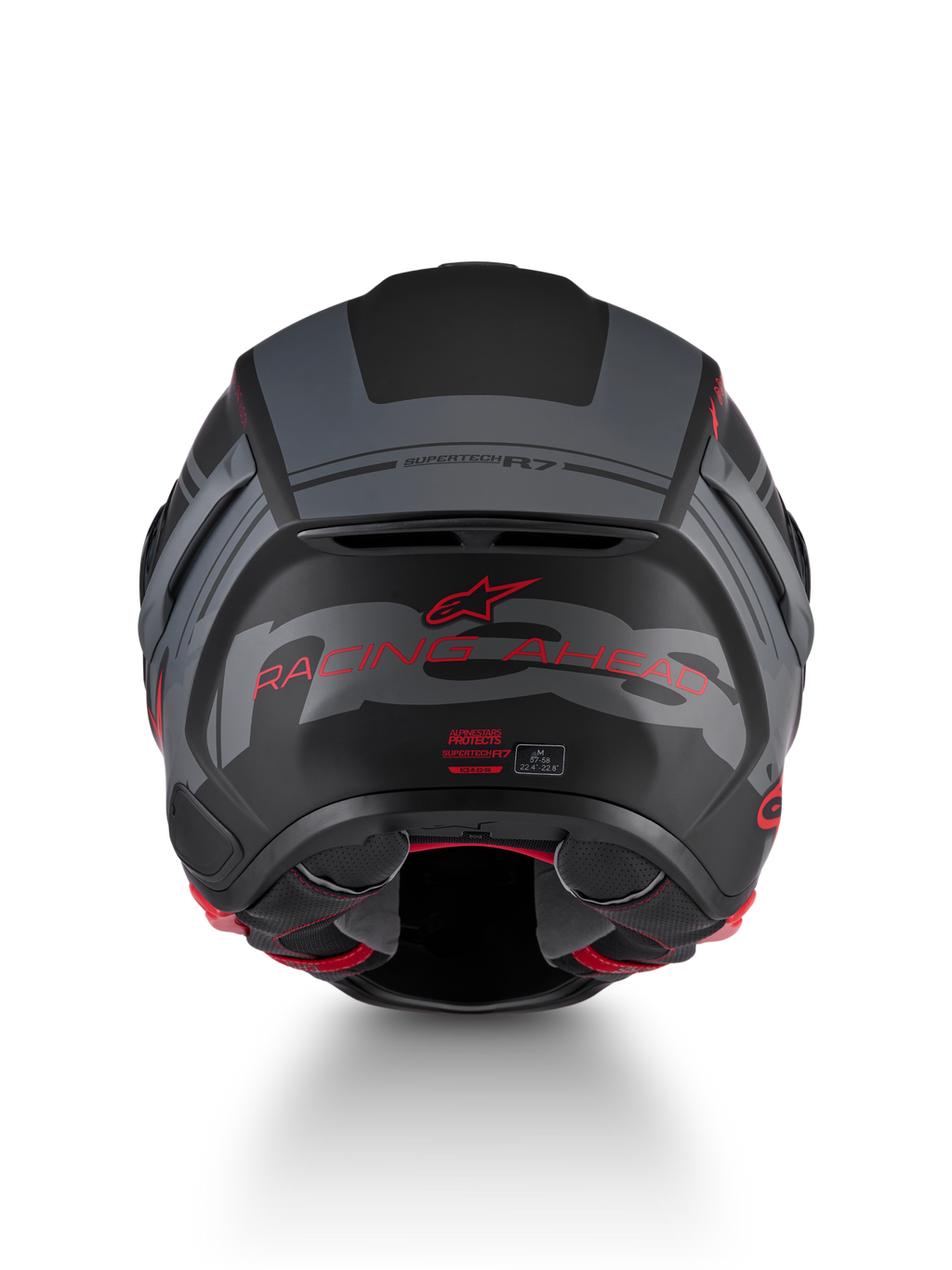 Alpinestars S-R7 A-Core Helm ECE 22.06, Motorradrennhelm, Rückansicht mit matten Farben in Schwarz, Grau und Rot sowie Markenlogos