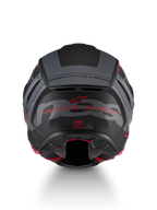 Alpinestars S-R7 A-Core Helm ECE 22.06, Motorradrennhelm, Rückansicht mit matten Farben in Schwarz, Grau und Rot sowie Markenlogos