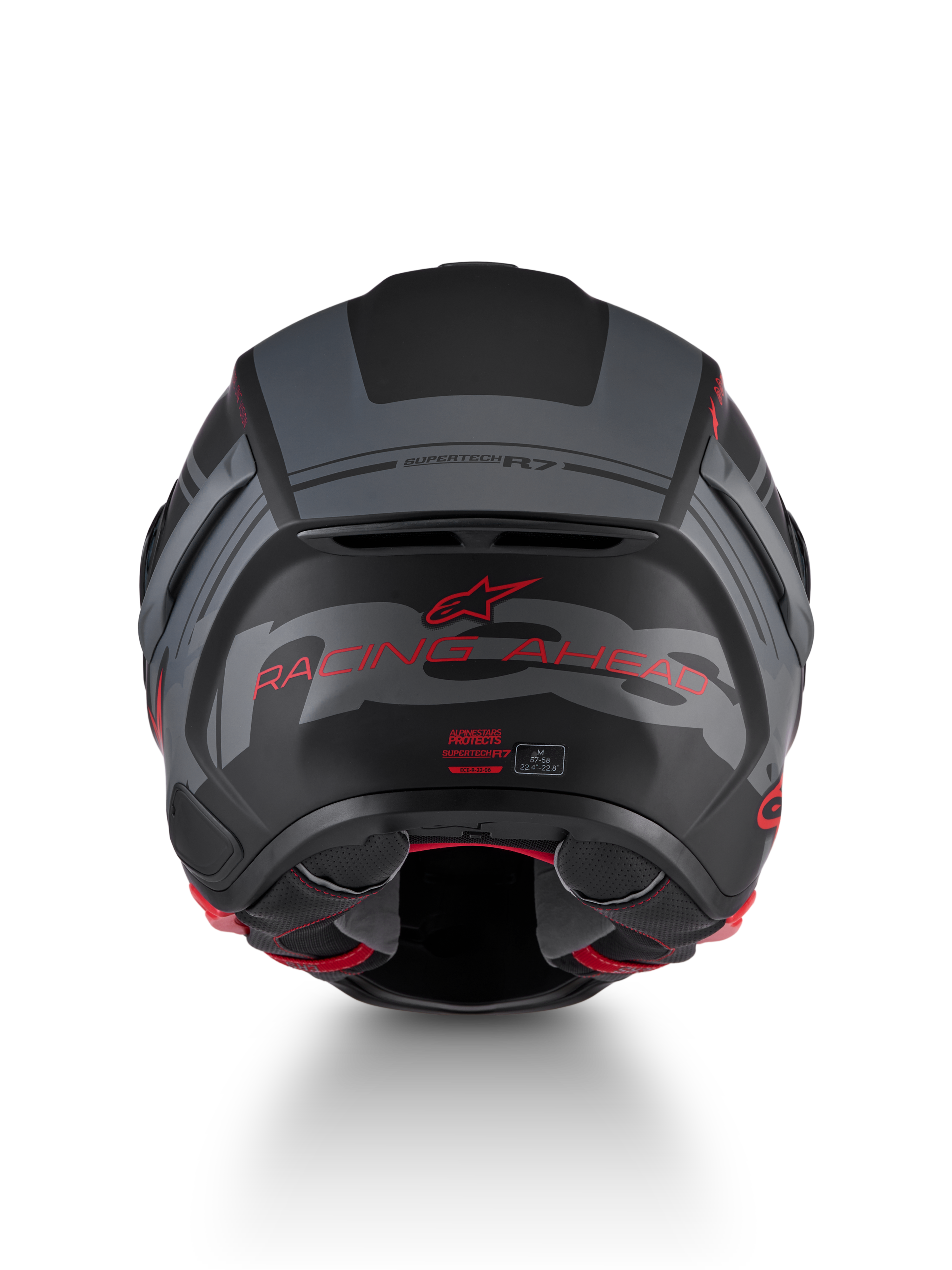 Alpinestars S-R7 A-Core Helm ECE 22.06, Motorradrennhelm, Rückansicht mit matten Farben in Schwarz, Grau und Rot sowie Markenlogos