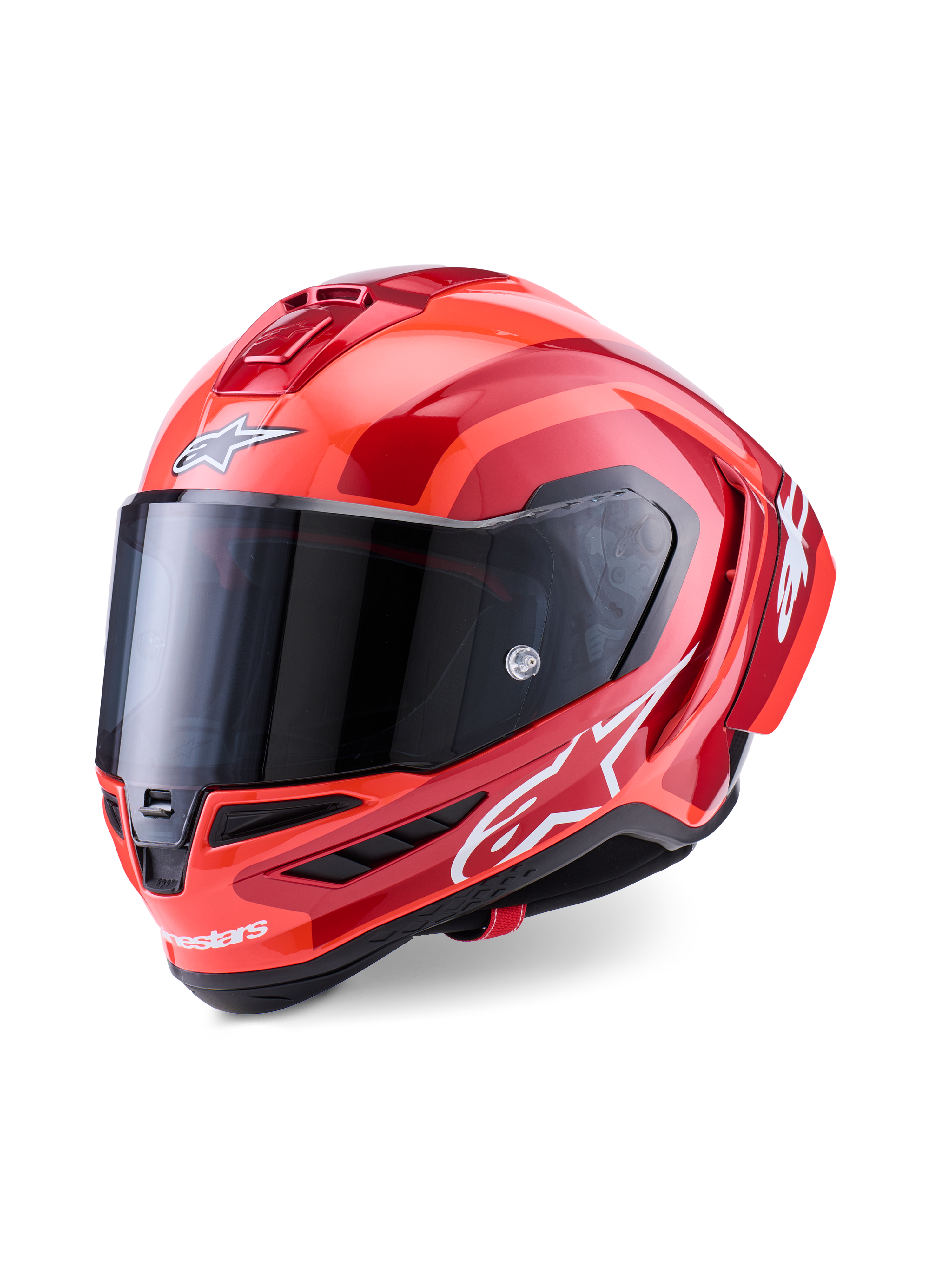 Alpinestars Supertech R10 Arius Helm, Integral-Rennhelm, Rot und Orange glänzend, mit weißen Alpinestars-Logos, dunkel getöntem Visier, aerodynamisches Carbon-Verbunddesign mit Multi-Vent-Kühlsystem