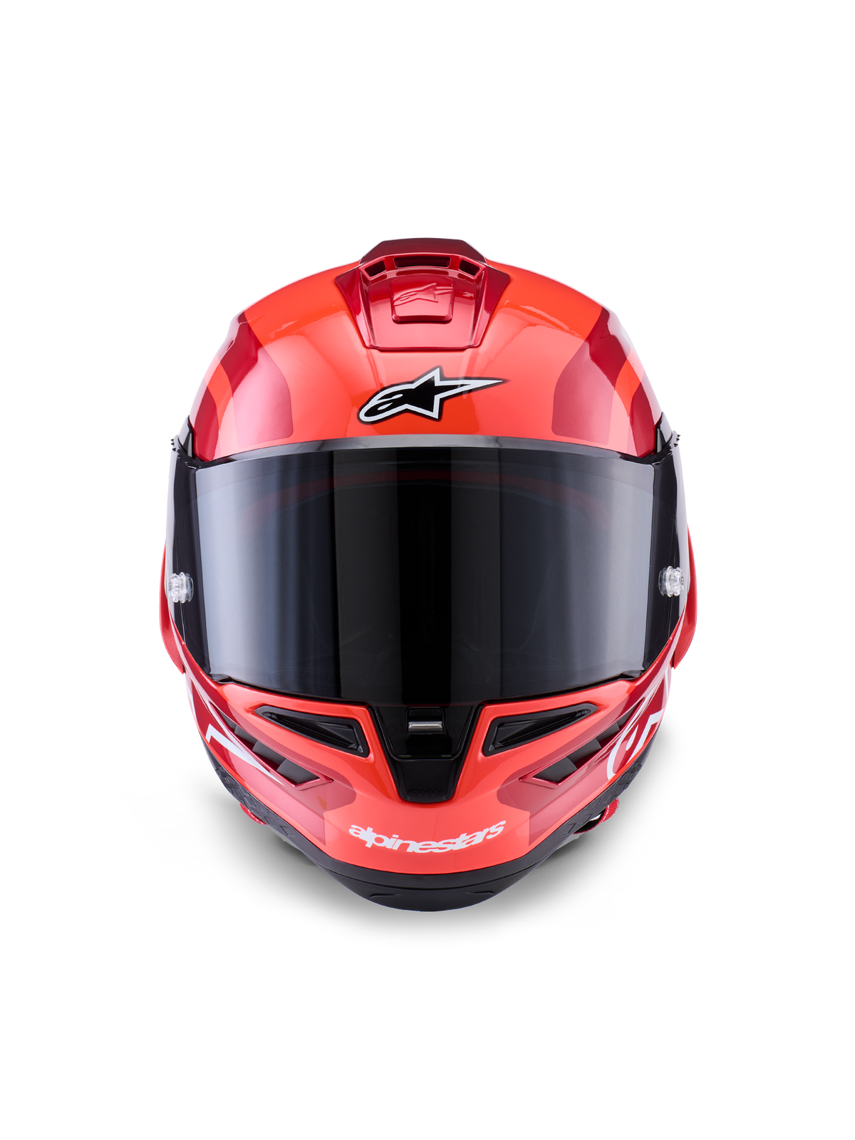 Alpinestars Supertech R10 Arius Helm, Integral-Rennhelm, Rot mit weißen und schwarzen Akzenten, Vorderansicht mit dunkel getöntem Visier, Alpinestars-Branding auf der Stirn und am Kinn, glänzendes Finish mit aerodynamischen Belüftungsöffnungen.