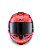 Alpinestars Supertech R10 Arius Helm, Integral-Rennhelm, Rot mit weißen und schwarzen Akzenten, Vorderansicht mit dunkel getöntem Visier, Alpinestars-Branding auf der Stirn und am Kinn, glänzendes Finish mit aerodynamischen Belüftungsöffnungen.