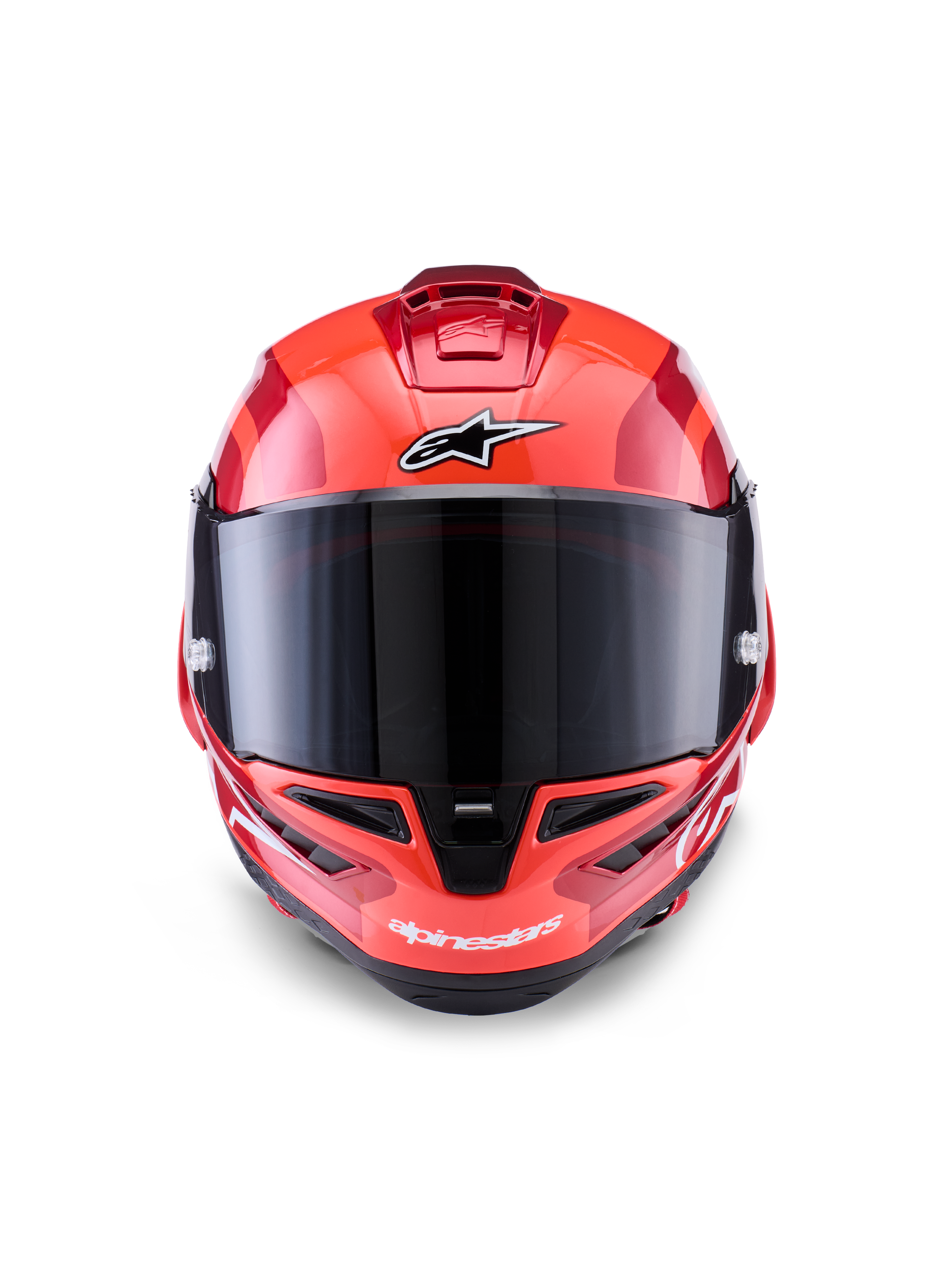 Alpinestars Supertech R10 Arius Helm, Integral-Rennhelm, Rot mit weißen und schwarzen Akzenten, Vorderansicht mit dunkel getöntem Visier, Alpinestars-Branding auf der Stirn und am Kinn, glänzendes Finish mit aerodynamischen Belüftungsöffnungen.