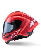 Alpinestars Supertech R10 Arius Helm, Integral-Rennhelm, Glänzendes Rot mit weißen Logo-Grafiken, Seitenprofilansicht mit Fokus auf den aerodynamischen Spoiler und das klare Visier, Carbon-Multi-Composite-Schale für den professionellen Motorsport