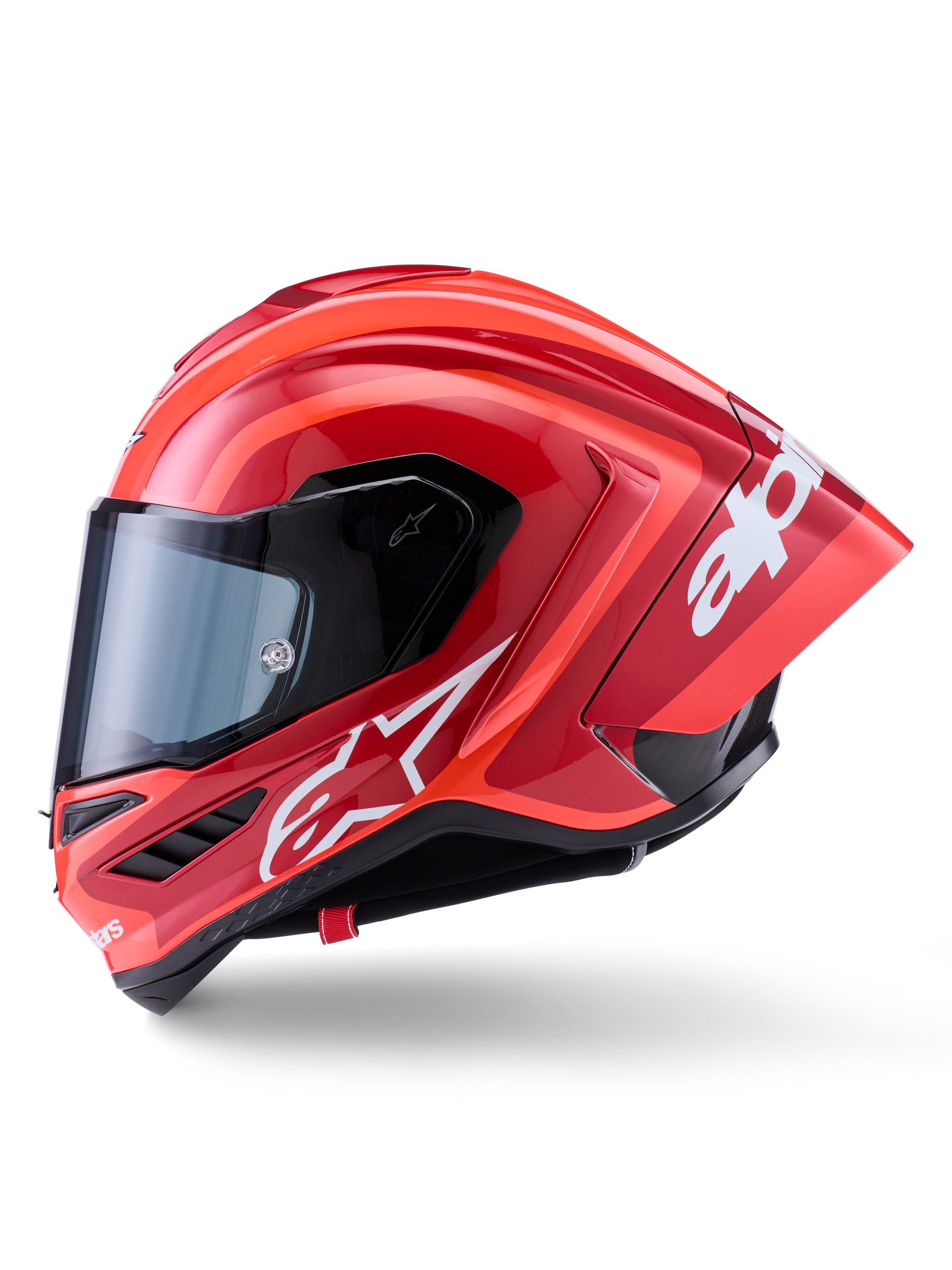 Alpinestars Supertech R10 Arius Helm, Integral-Rennhelm, Glänzendes Rot mit weißen Logo-Grafiken, Seitenprofilansicht mit Fokus auf den aerodynamischen Spoiler und das klare Visier, Carbon-Multi-Composite-Schale für den professionellen Motorsport