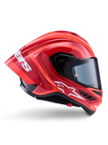 Alpinestars Supertech R10 Arius Helm, Integral-Rennhelm, Glänzendes Rot und Orange, Seitenprofilansicht mit aerodynamischem Heckspoiler, weißem Astars-Logo am Kinn und klarem Visier, entwickelt für High-Speed-Performance auf der Rennstrecke