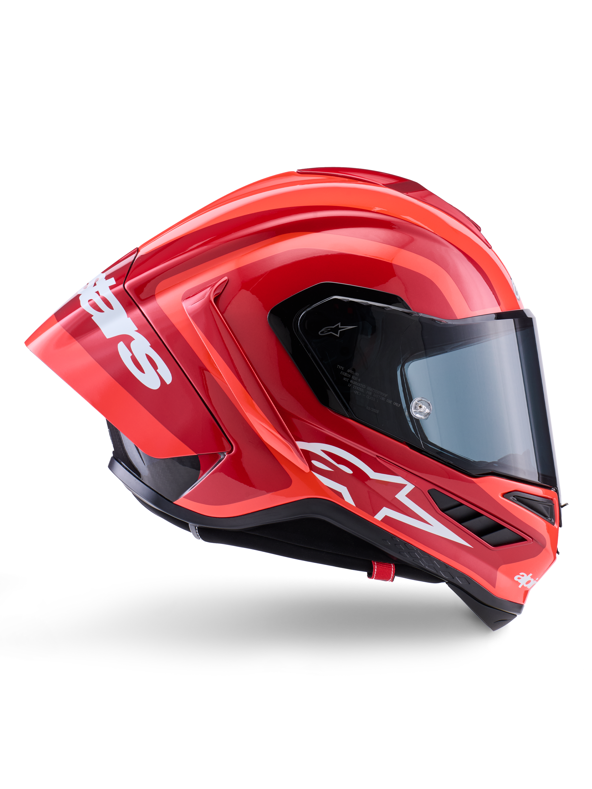 Alpinestars Supertech R10 Arius Helm, Integral-Rennhelm, Glänzendes Rot und Orange, Seitenprofilansicht mit aerodynamischem Heckspoiler, weißem Astars-Logo am Kinn und klarem Visier, entwickelt für High-Speed-Performance auf der Rennstrecke